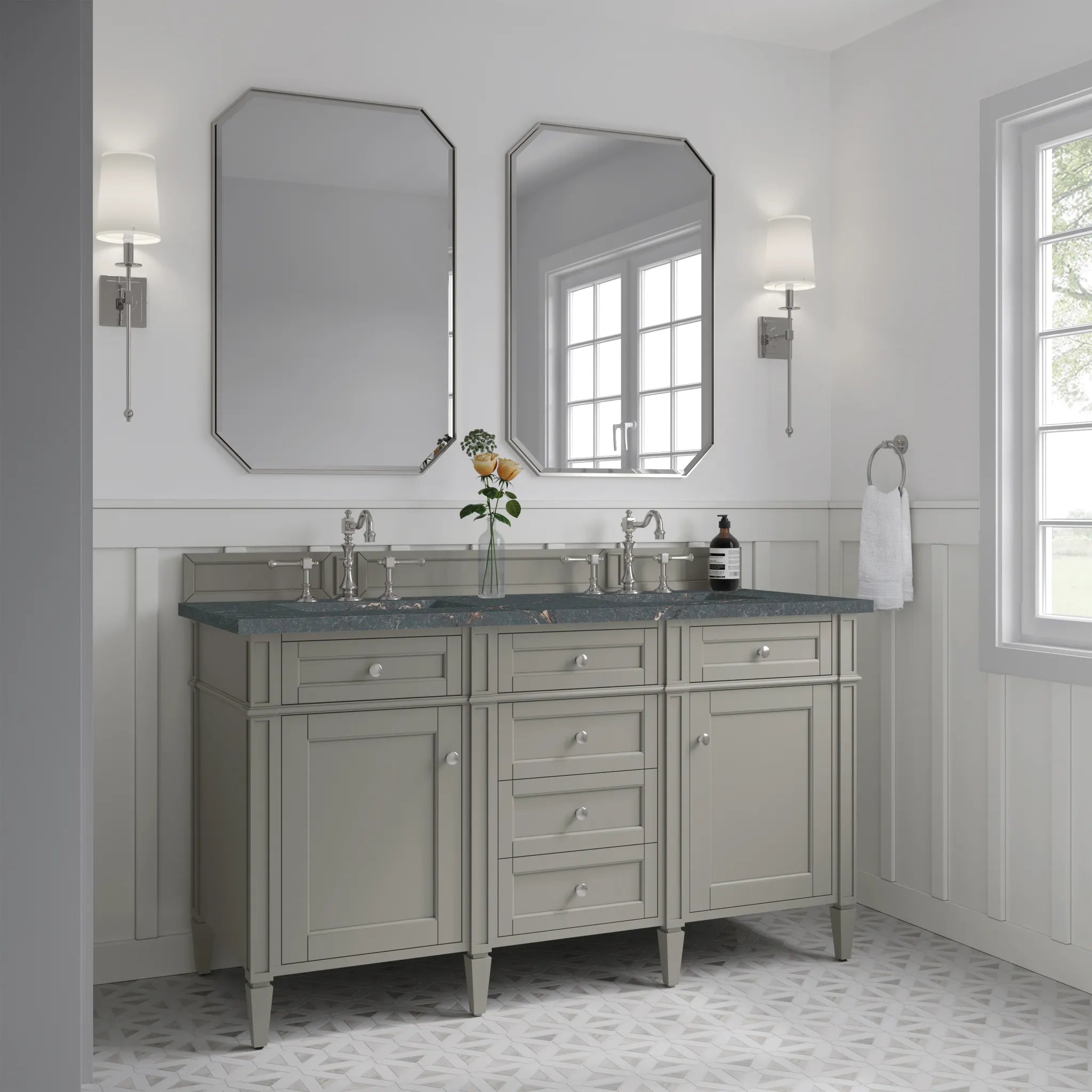 Brittany 60" Double Vanity in Urban Gray w/FreePower Wireless Charger-Parisien Bleu Silestone-8" Widespread image 5