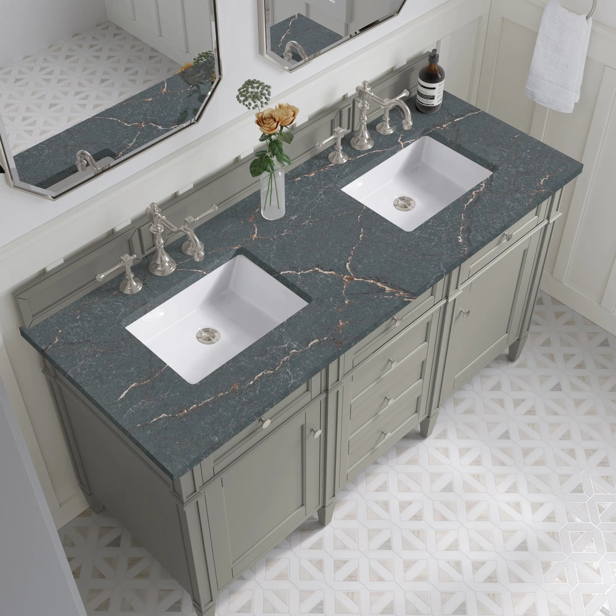 Brittany 60" Double Vanity in Urban Gray w/FreePower Wireless Charger-Parisien Bleu Silestone-8" Widespread image 8
