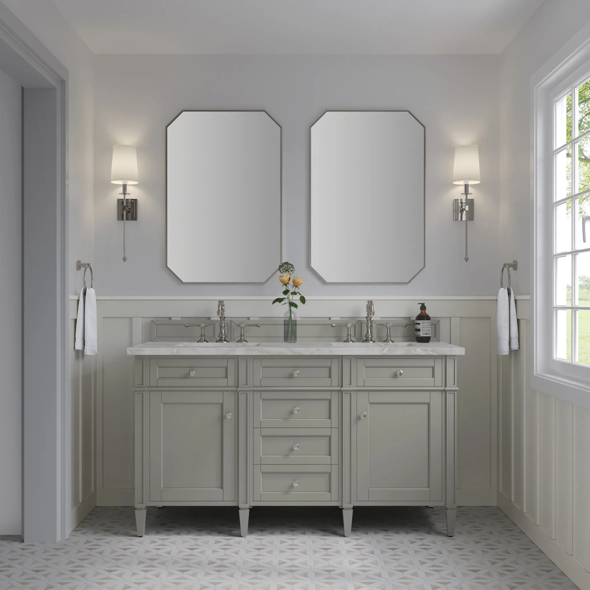 Brittany 60" Double Vanity in Urban Gray w/FreePower Wireless Charger-Victorian Silver Silestone-8" Widespread image 4