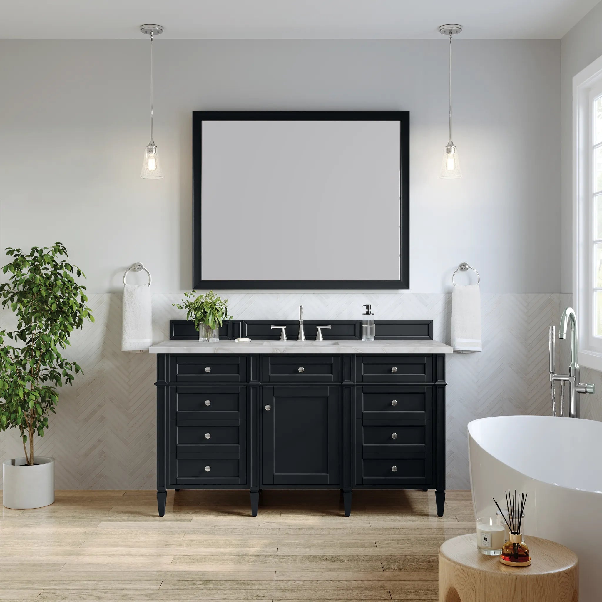 Brittany 60" Single Vanity in Black Onyx w/FreePower Wireless Charger-Victorian Silver Silestone-8" Widespread image 4