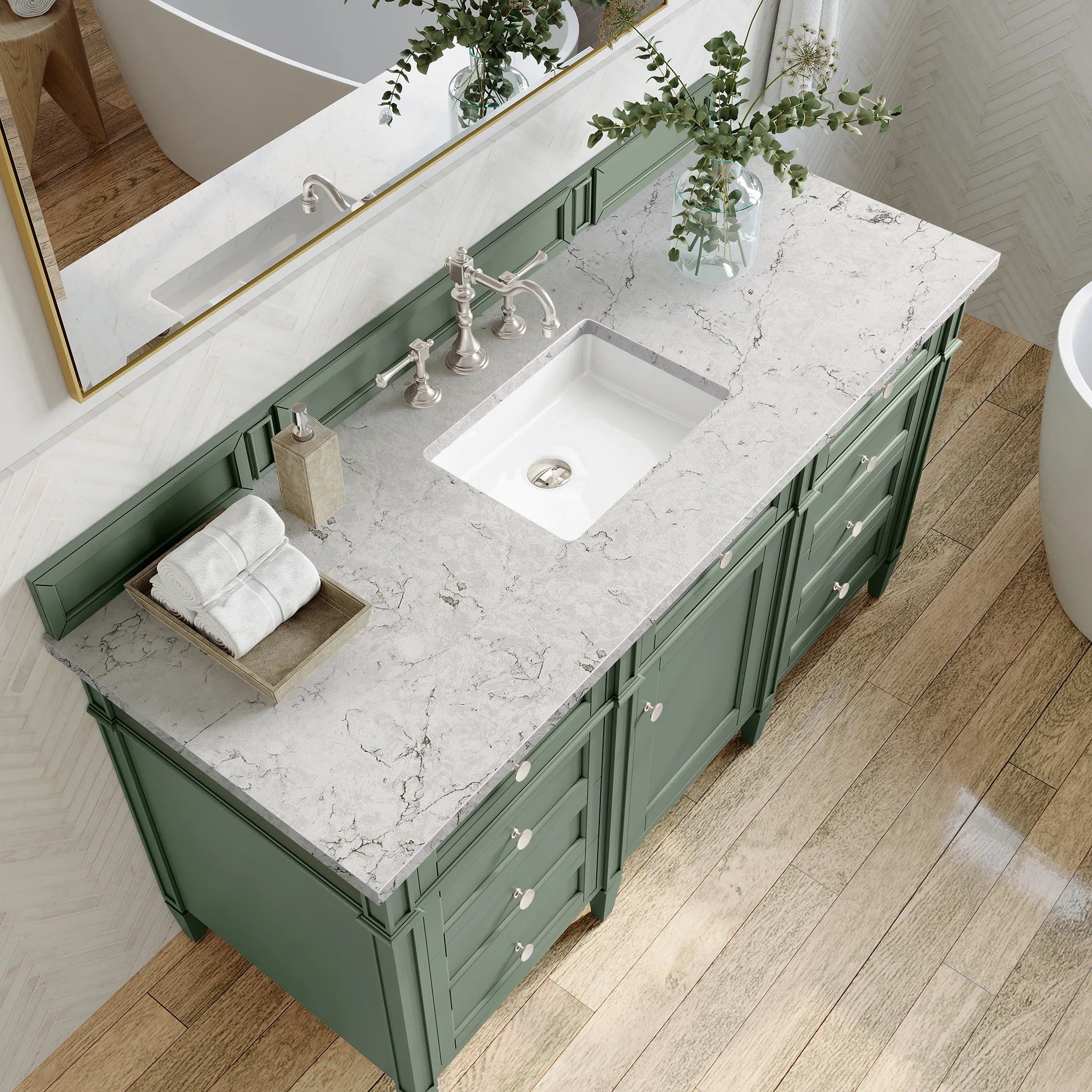 Brittany 60" Single Vanity in Smokey Celadon Wireless Charger-Eternal Jasmine Pearl Silestone-8" Widespread image 7
