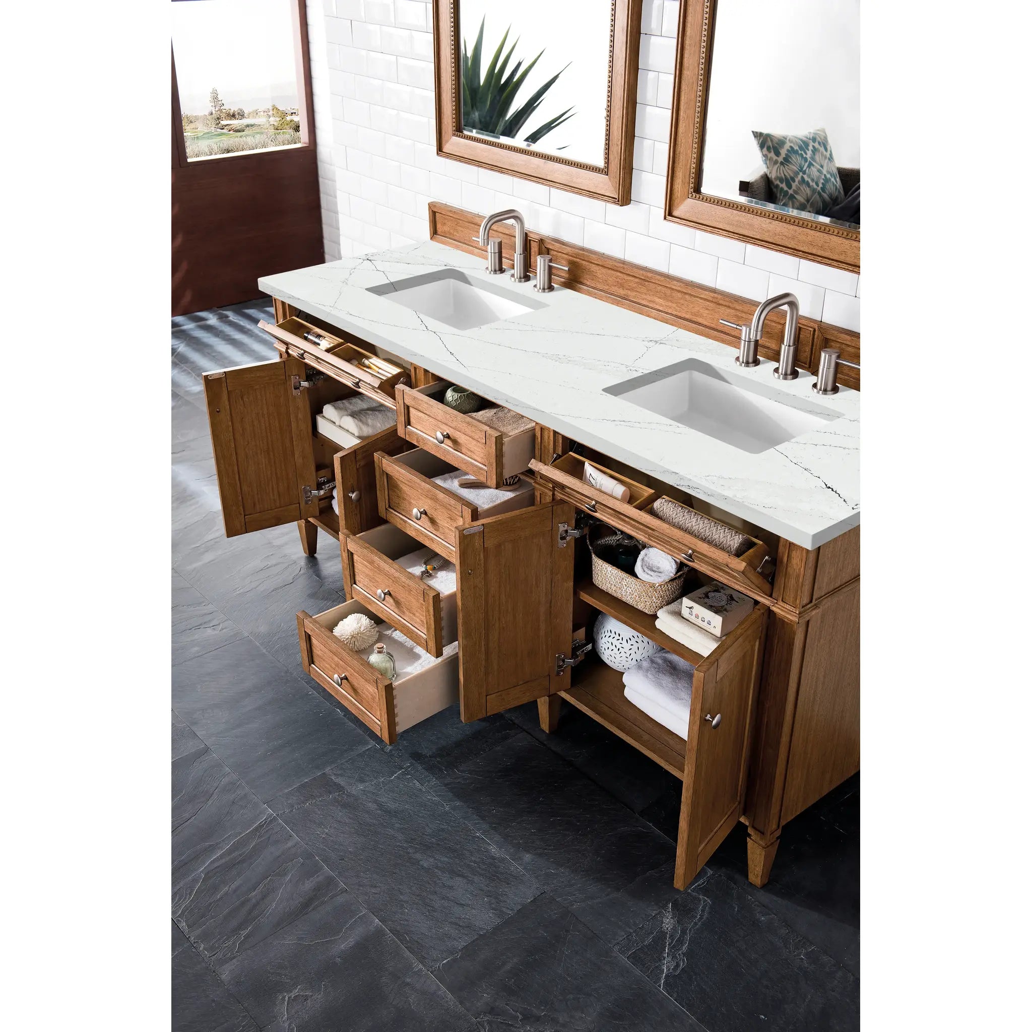 Brittany 72" Double Vanity in Saddle Brown w/FreePower Wireless Charger-Ethereal Noctis Silestone-8" Widespread image 6