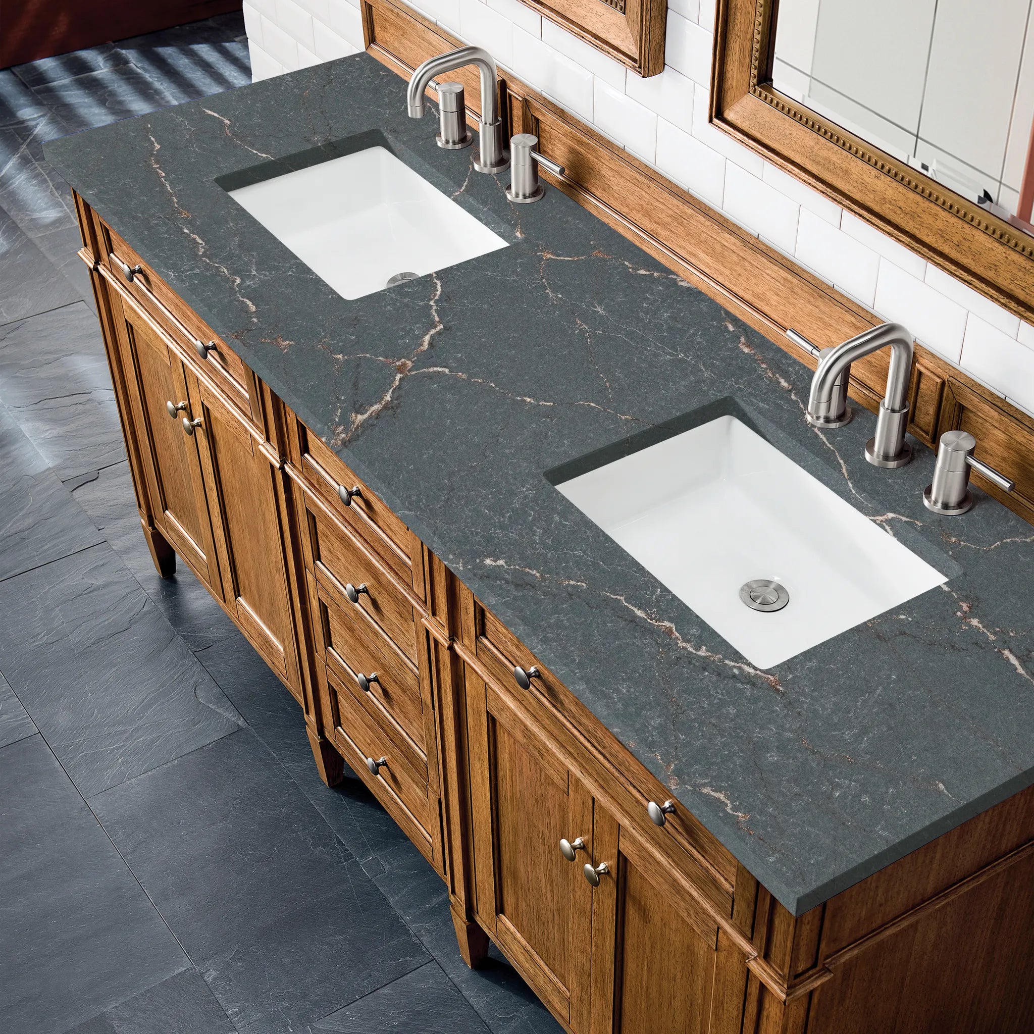 Brittany 72" Double Vanity in Saddle Brown w/FreePower Wireless Charger-Parisien Bleu Silestone-8" Widespread image 8
