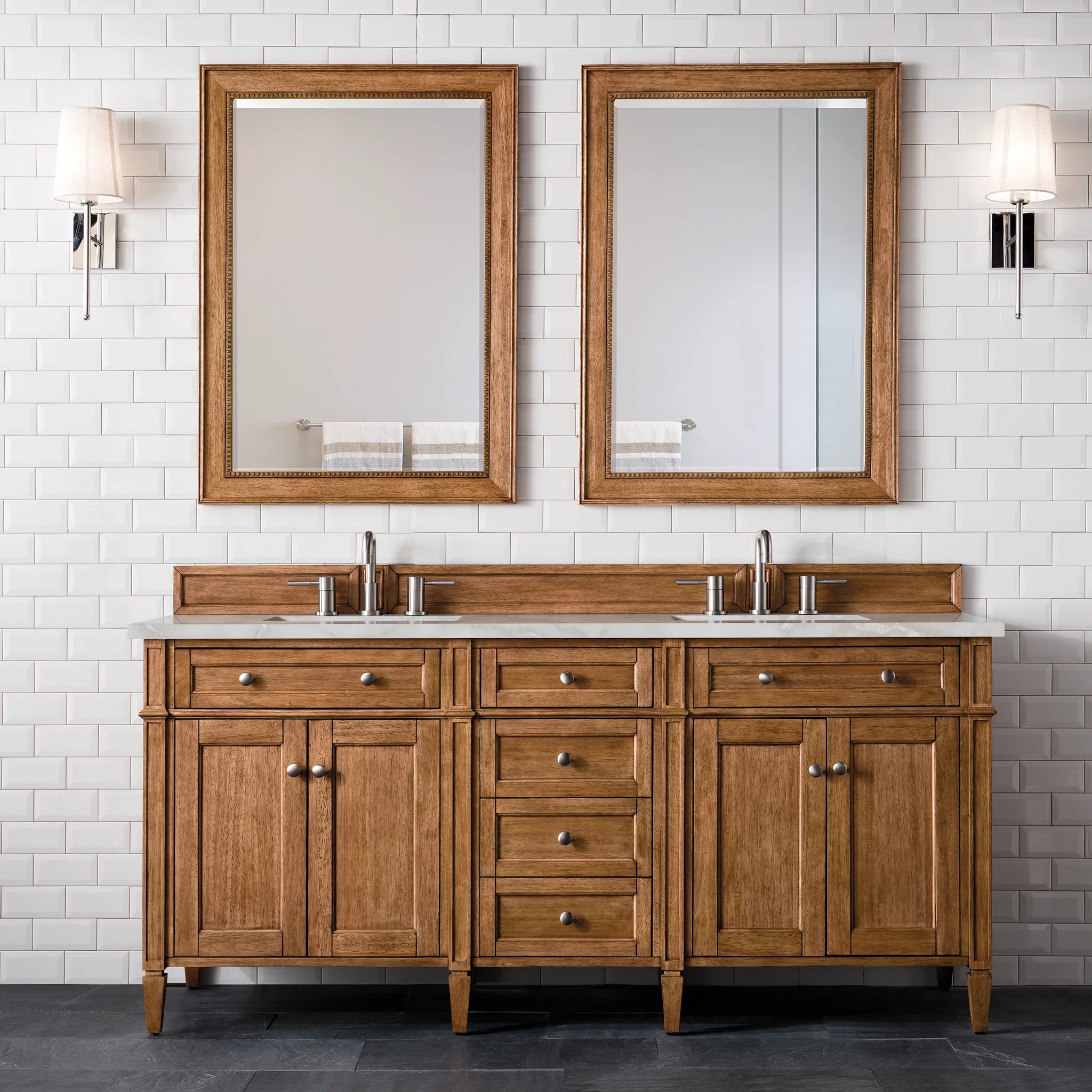 Brittany 72" Double Vanity in Saddle Brown w/FreePower Wireless Charger-Victorian Silver Silestone-8" Widespread image 4