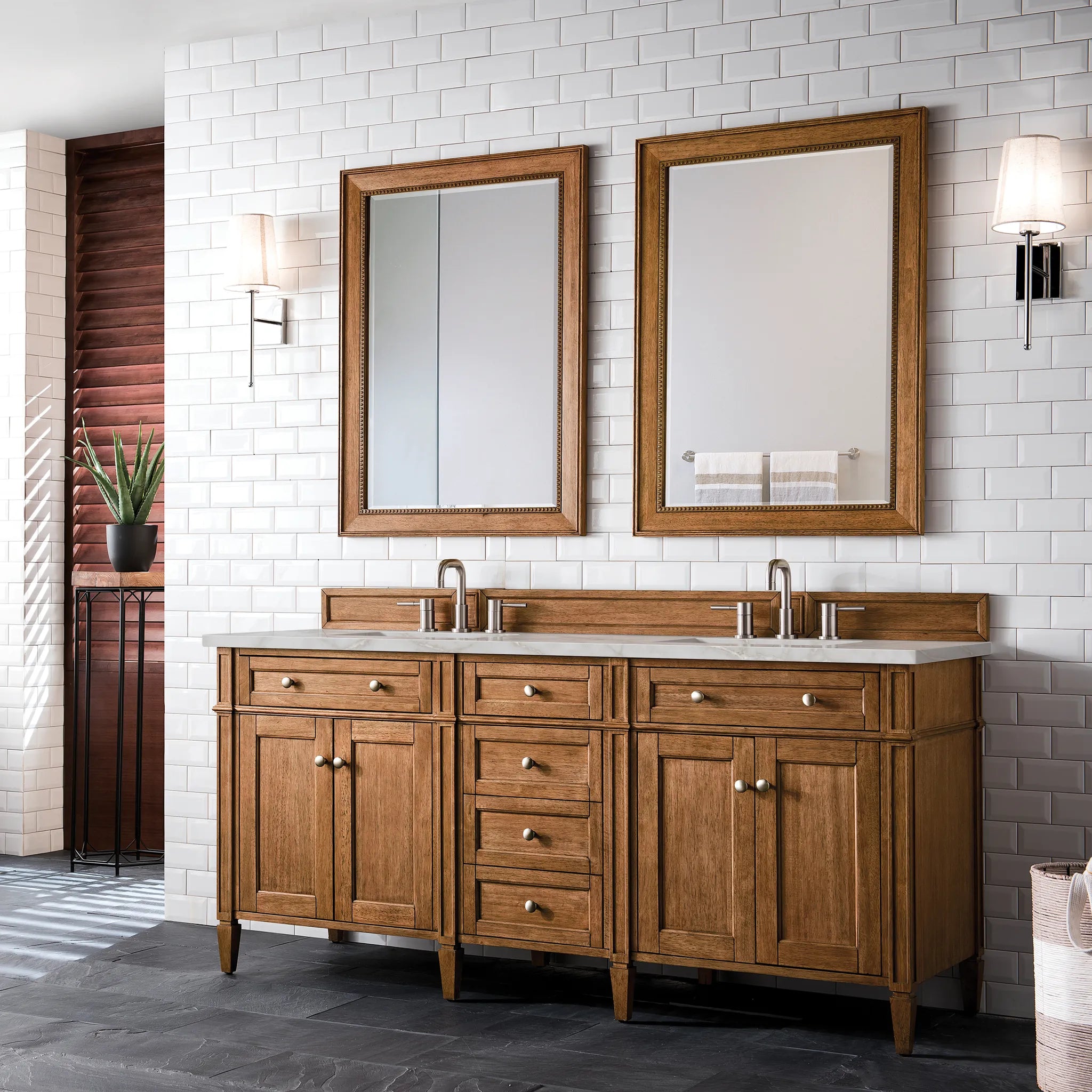 Brittany 72" Double Vanity in Saddle Brown w/FreePower Wireless Charger-Victorian Silver Silestone-8" Widespread image 5