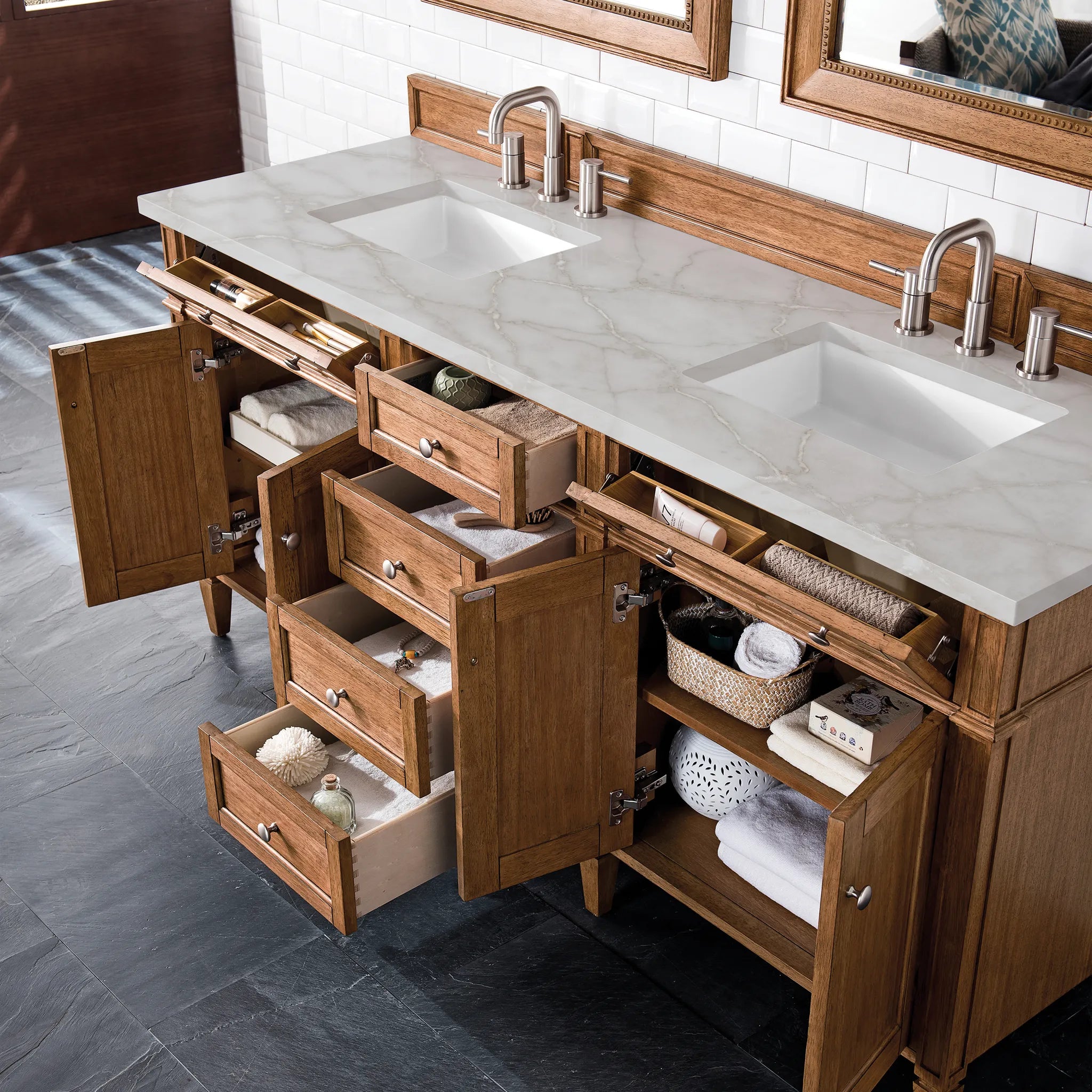 Brittany 72" Double Vanity in Saddle Brown w/FreePower Wireless Charger-Victorian Silver Silestone-8" Widespread image 6
