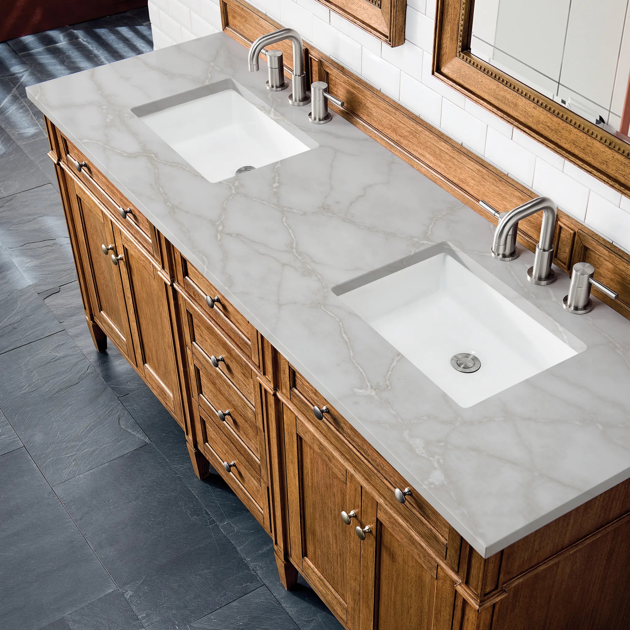 Brittany 72" Double Vanity in Saddle Brown w/FreePower Wireless Charger-Victorian Silver Silestone-8" Widespread image 8