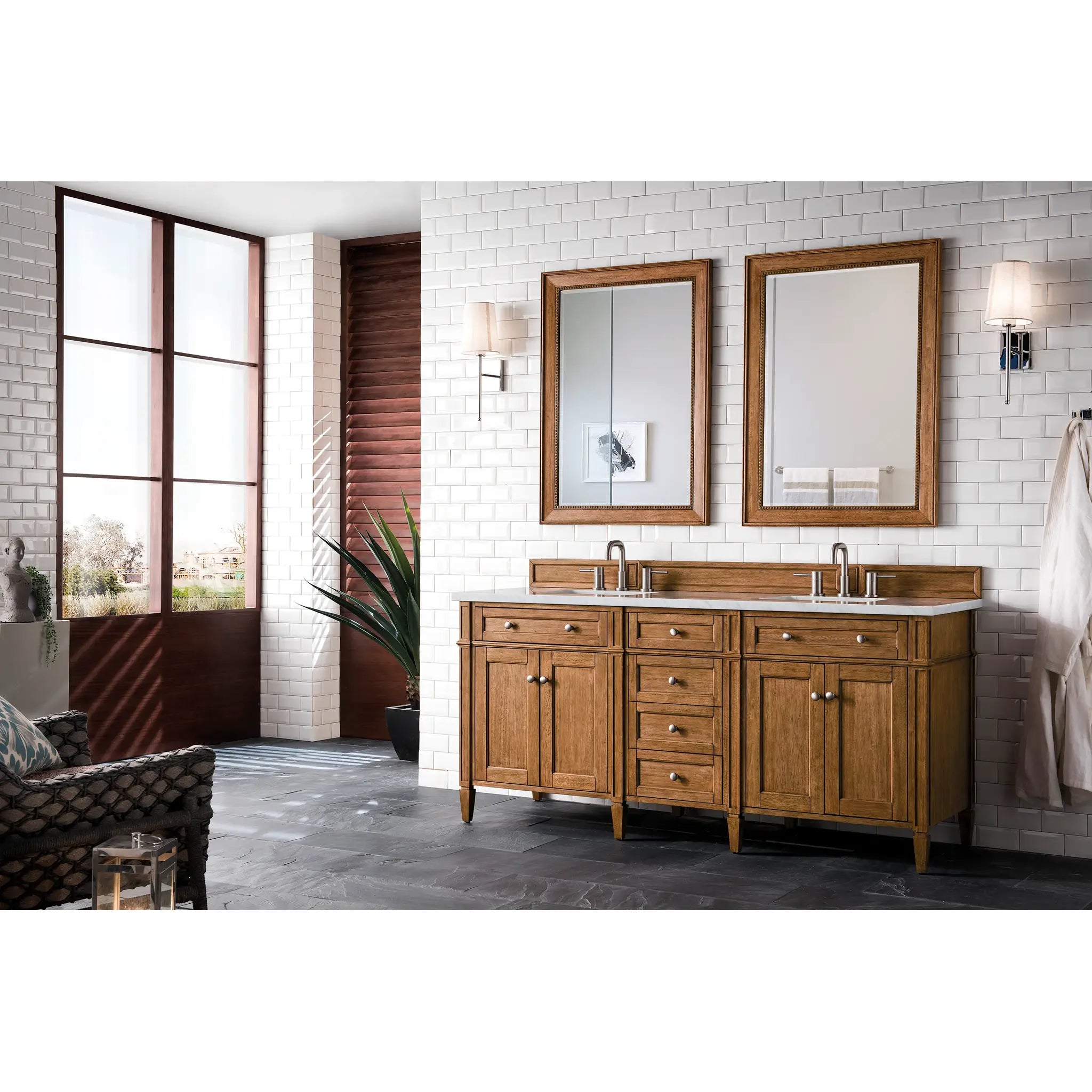 Brittany 72" Double Vanity in Saddle Brown Wireless Charger-Eternal Jasmine Pearl Silestone-8" Widespread image 5