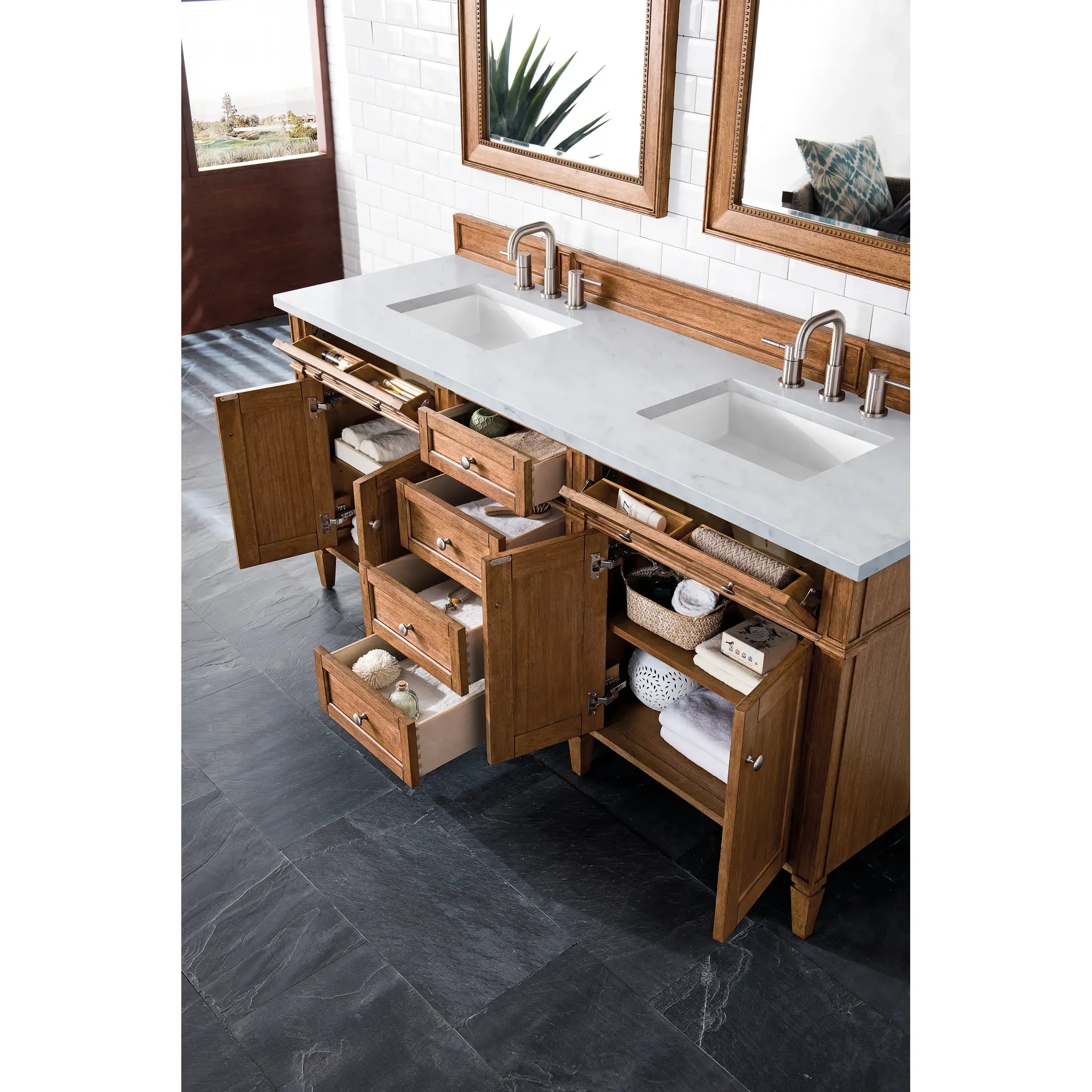 Brittany 72" Double Vanity in Saddle Brown Wireless Charger-Eternal Jasmine Pearl Silestone-8" Widespread image 6