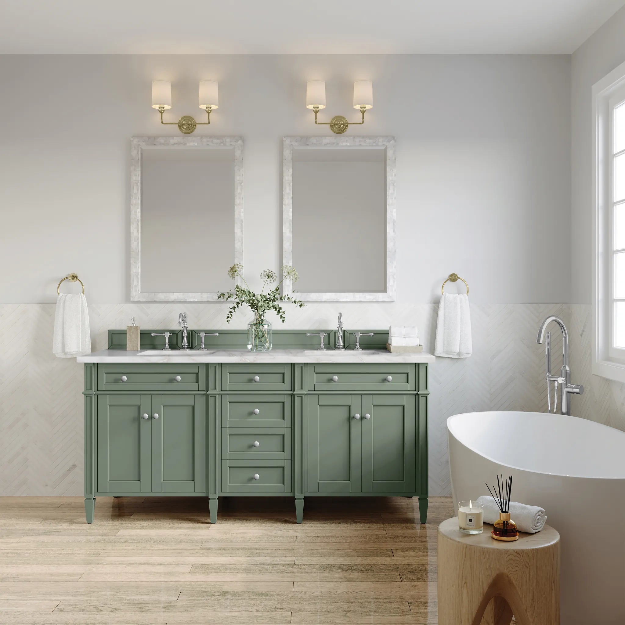 Brittany 72" Double Vanity in Smokey Celadon w/FreePower Wireless Charger-Victorian Silver Silestone-8" Widespread image 4