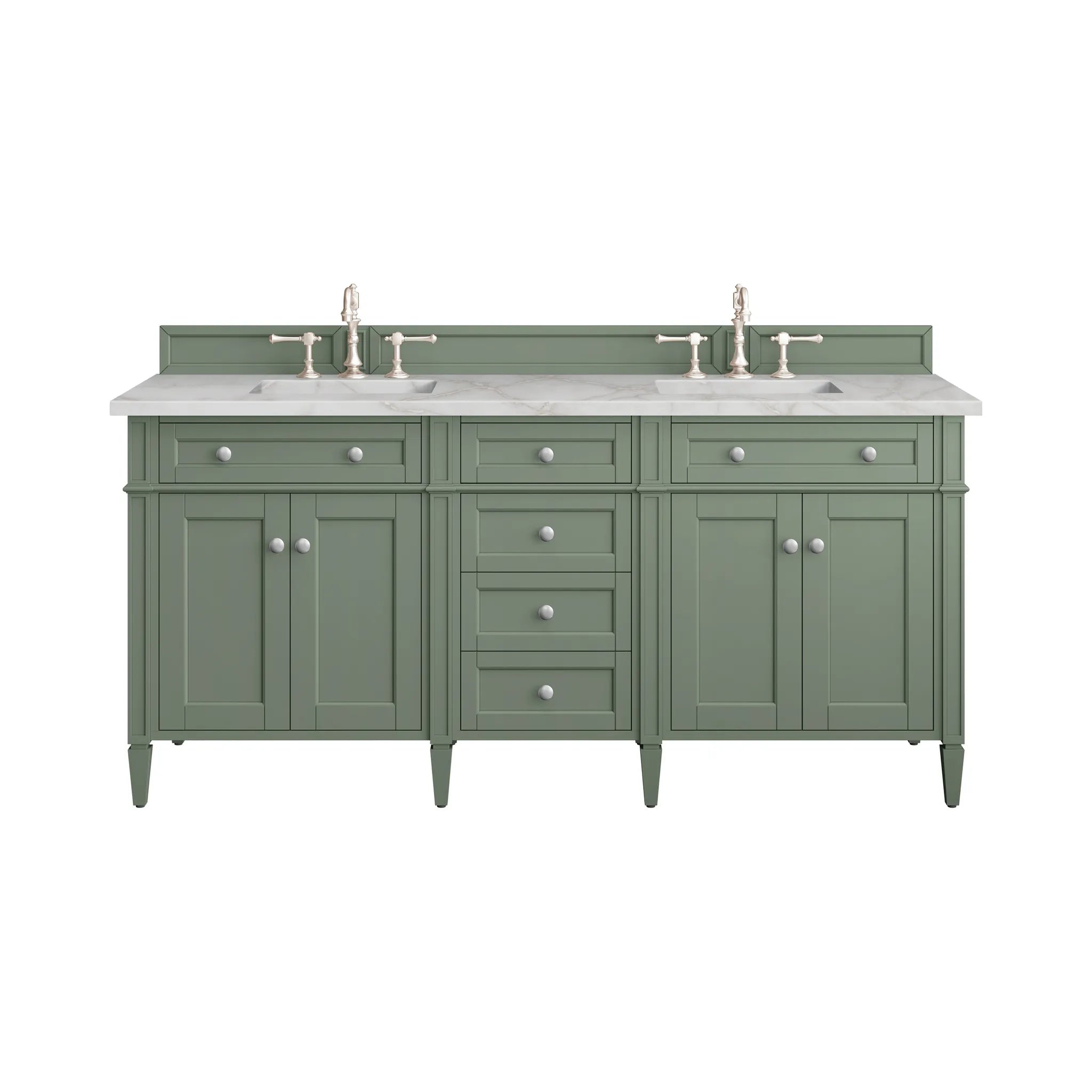 Brittany 72" Double Vanity in Smokey Celadon w/FreePower Wireless Charger-Victorian Silver Silestone-8" Widespread image