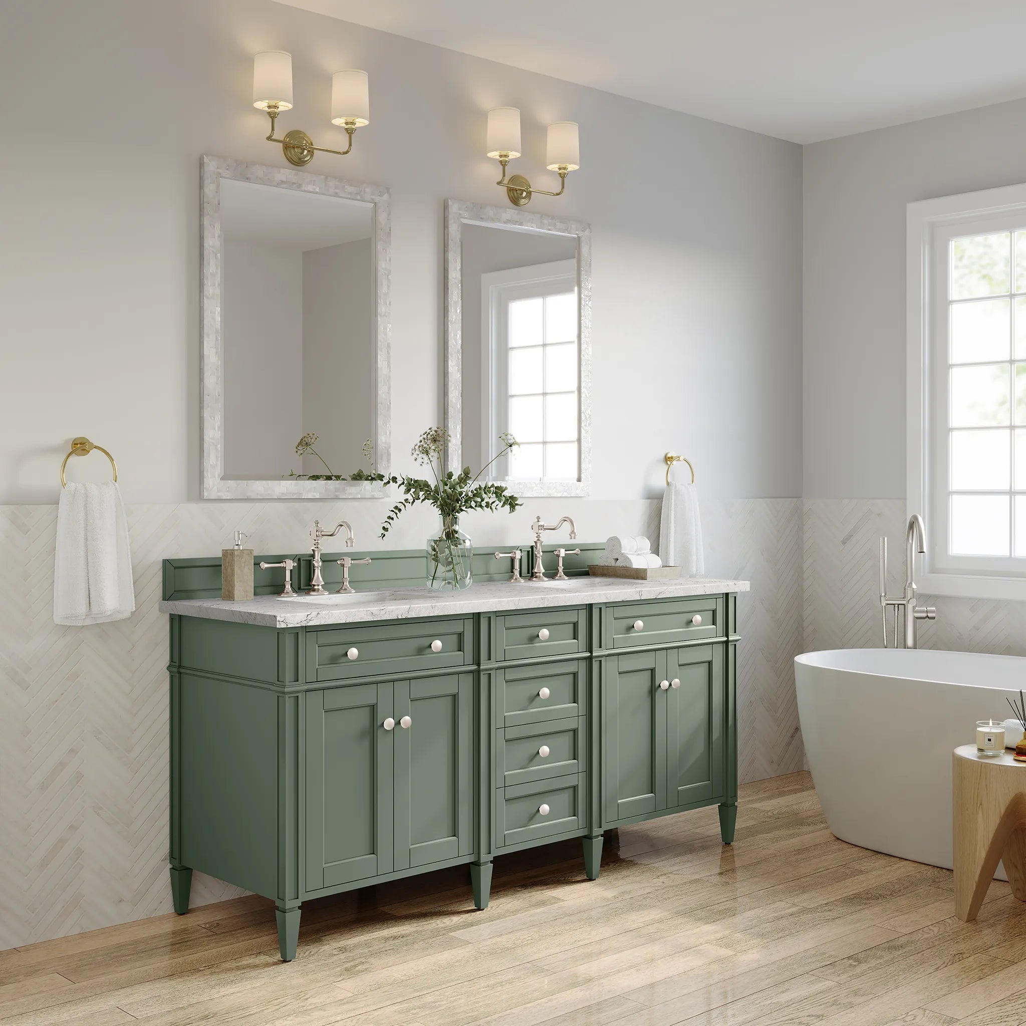 Brittany 72" Double Vanity in Smokey Celadon Wireless Charger-Eternal Jasmine Pearl Silestone-8" Widespread image 6