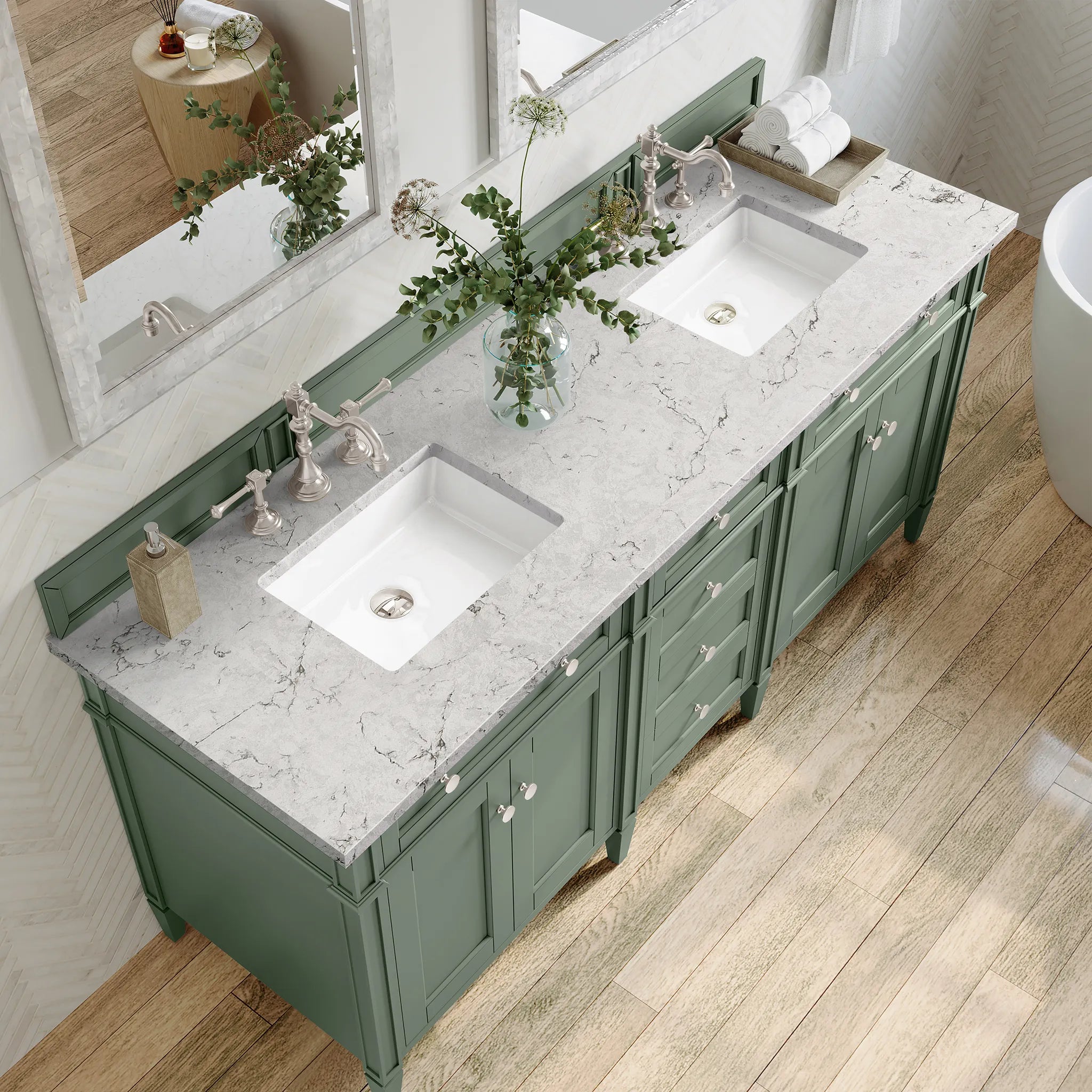 Brittany 72" Double Vanity in Smokey Celadon Wireless Charger-Eternal Jasmine Pearl Silestone-8" Widespread image 8