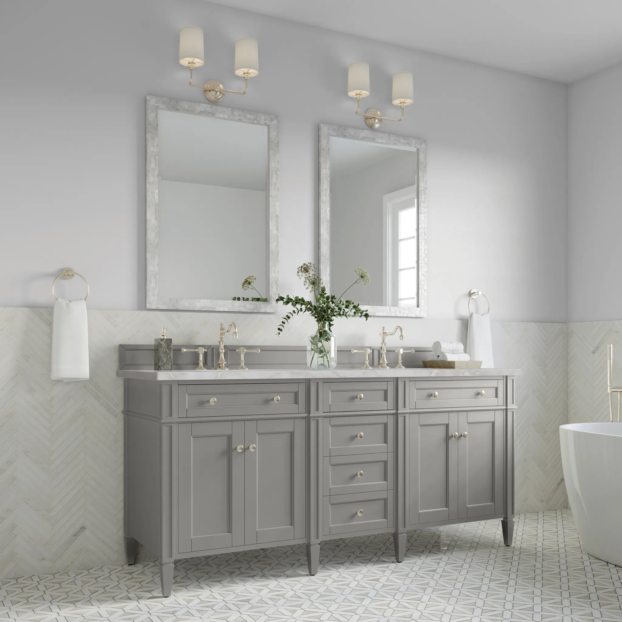 Brittany 72" Double Vanity in Urban Gray w/FreePower Wireless Charger-Victorian Silver Silestone-8" Widespread image 5