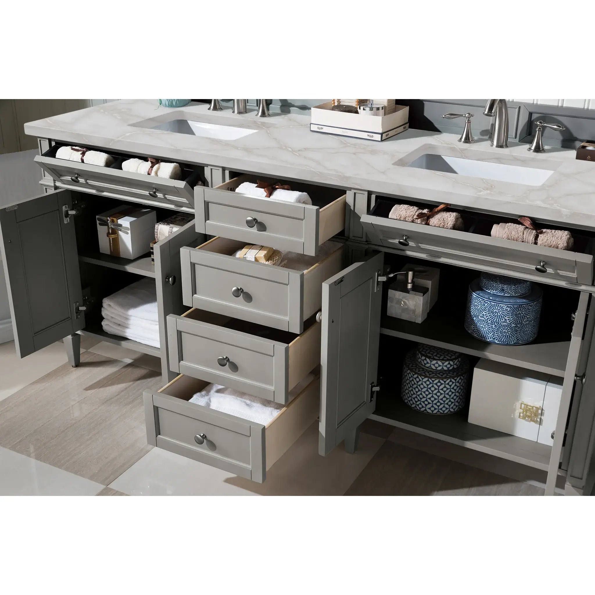 Brittany 72" Double Vanity in Urban Gray w/FreePower Wireless Charger-Victorian Silver Silestone-8" Widespread image 6