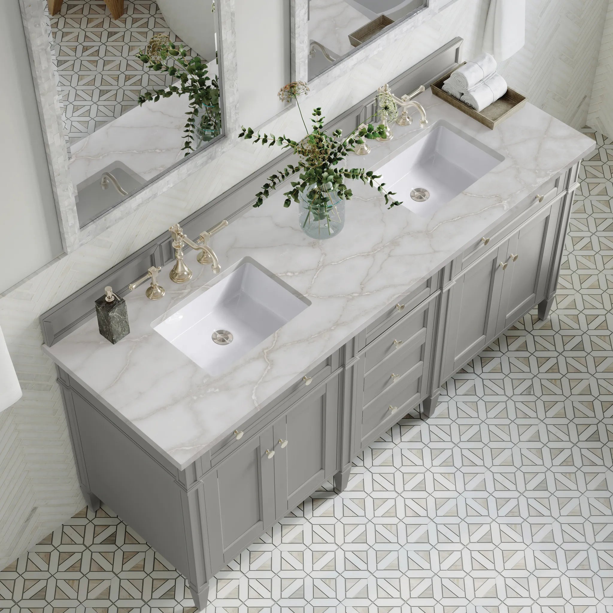 Brittany 72" Double Vanity in Urban Gray w/FreePower Wireless Charger-Victorian Silver Silestone-8" Widespread image 8