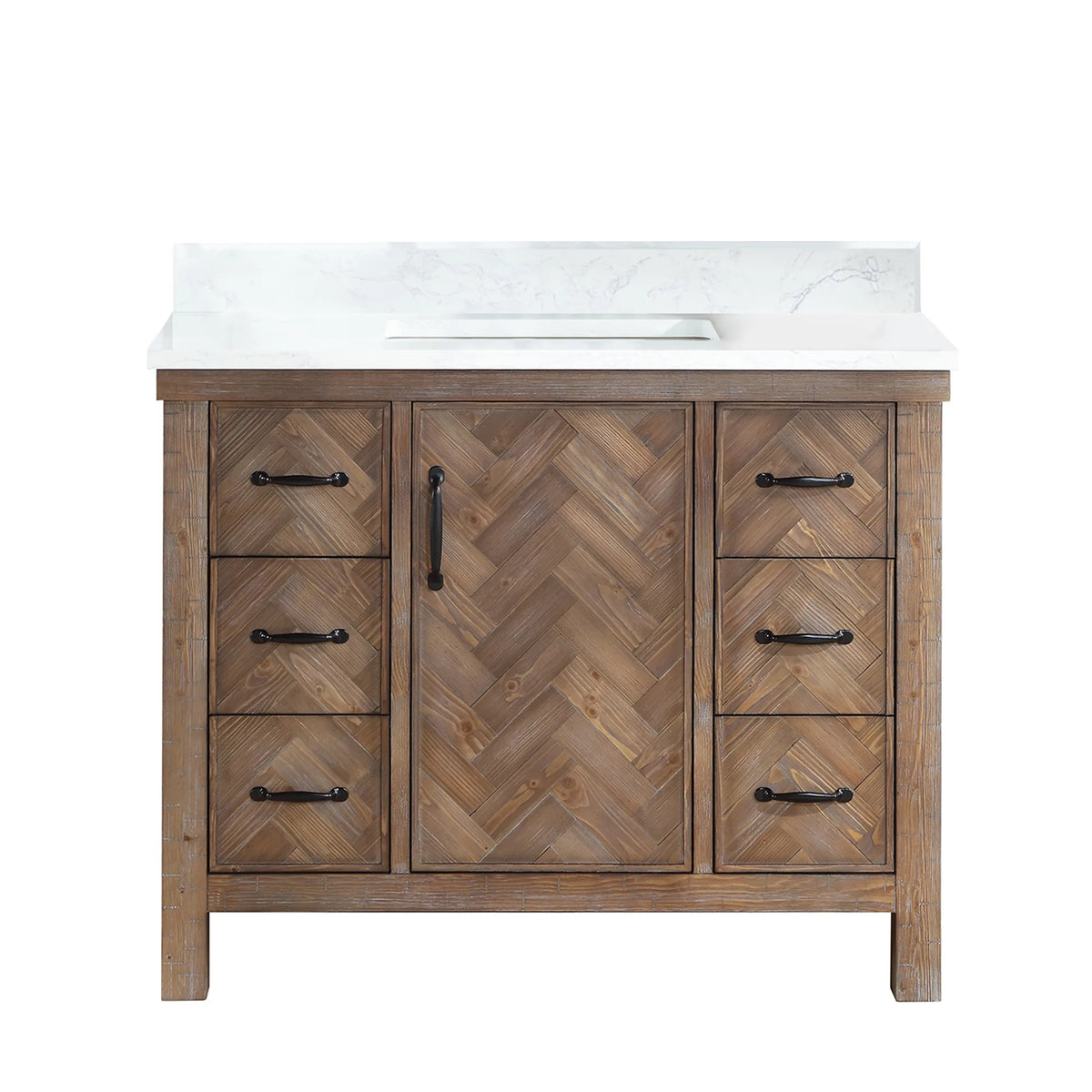 Spruce Antique Gray 42 inch single bathroom vanity, freestanding, front view with backsplash top and matte black pulls