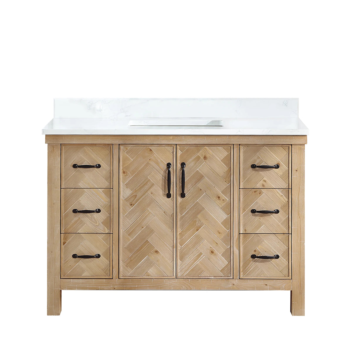 Spruce Antique Brown 48 inch single bathroom vanity, freestanding, front view with backsplash top and matte black pulls
