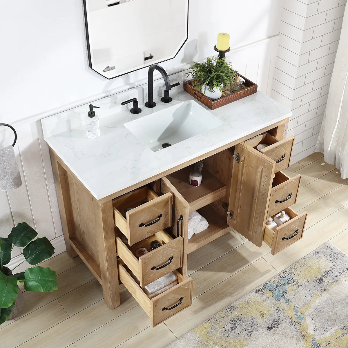 48 inch Spruce Antique Brown vanity with a door and drawers open, undermount sink visible in the top