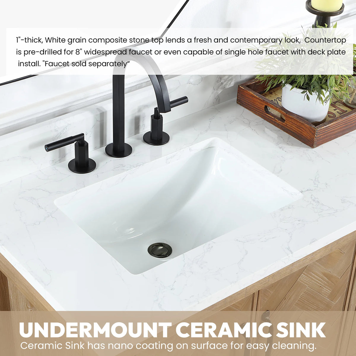 Undermount ceramic sink with overflow in the white grain composite stone top of the Spruce Antique Brown single vanity