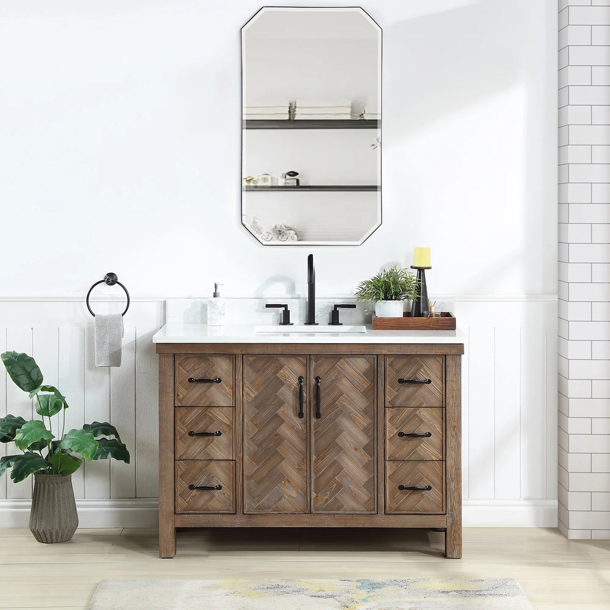 48 inch Spruce Antique Gray vanity with a white top in a tiled bathroom, octagon mirror hung on the wall