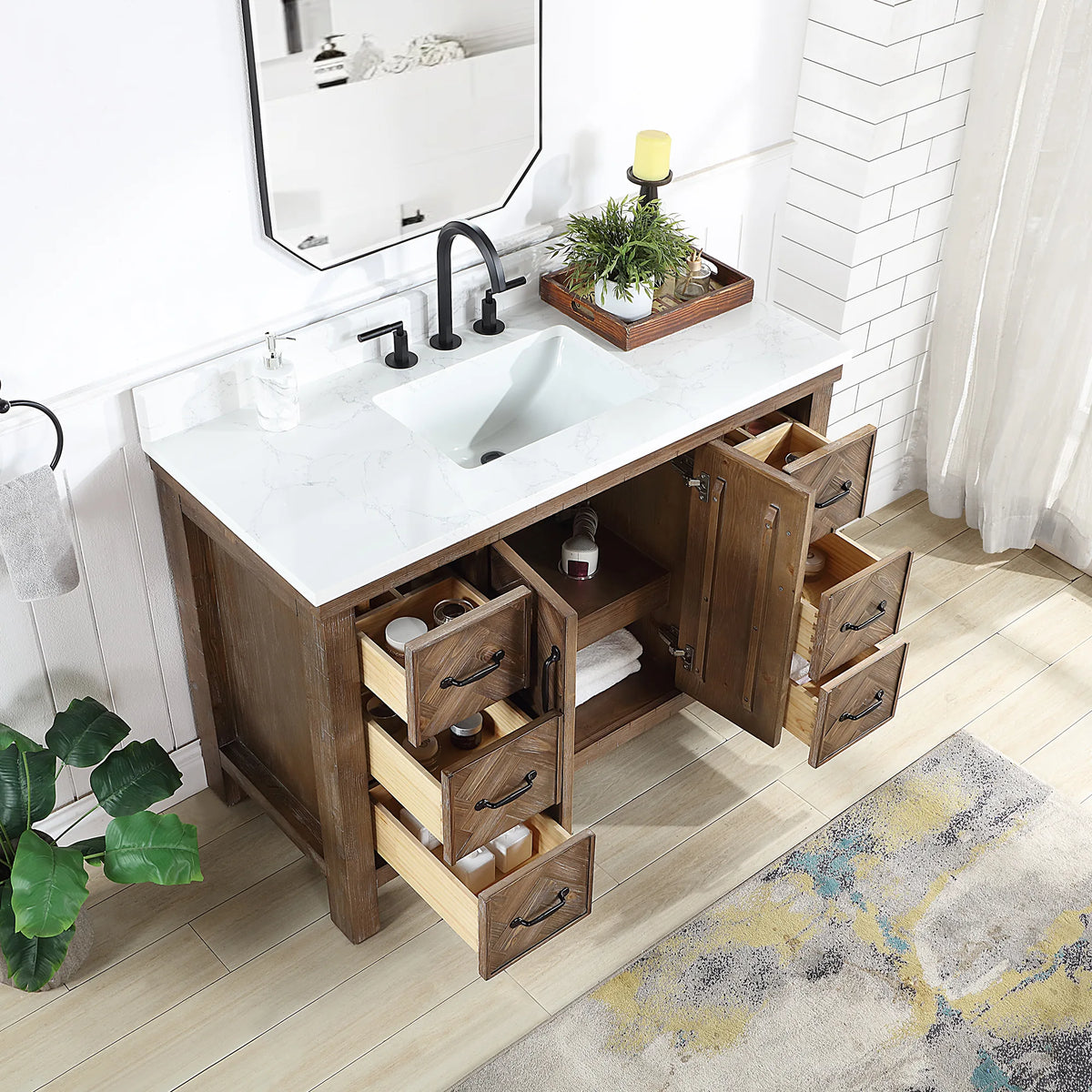 48 inch Spruce Antique Gray vanity with a door and drawers open, undermount sink visible in the top