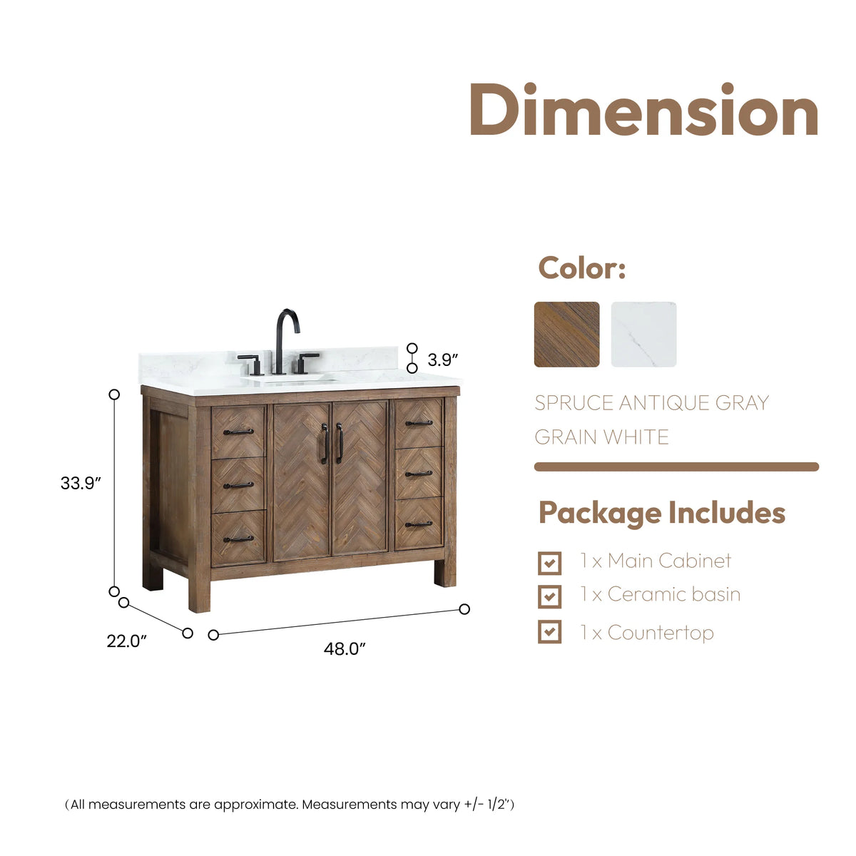 Size drawing for the Spruce Antique Gray single vanity: 48 inch width, 22 inch depth, 33.9 inch height