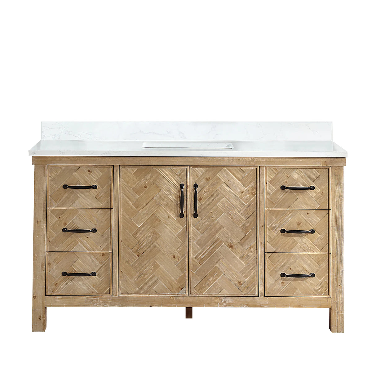 Spruce Antique Brown 60 inch single bathroom vanity, freestanding, front view with backsplash top and matte black pulls