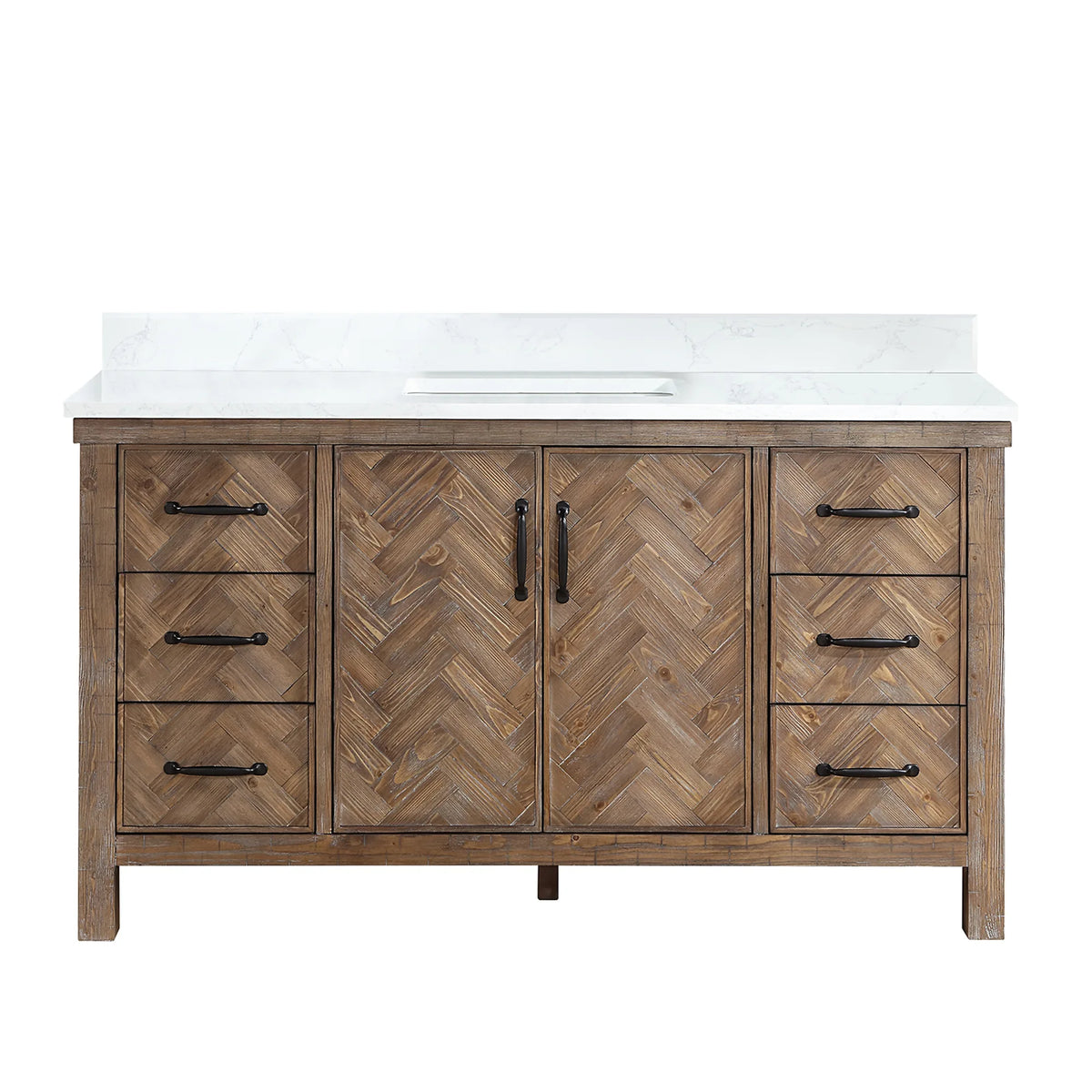 Spruce Antique Gray 60 inch single bathroom vanity, freestanding, front view with backsplash top and matte black pulls