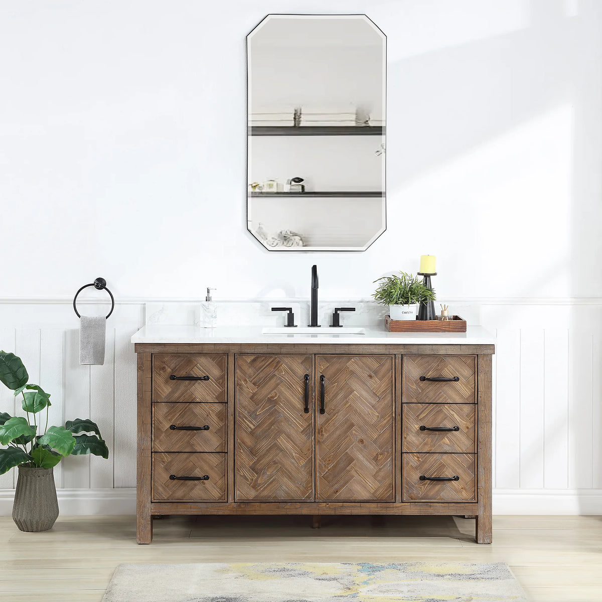 60 inch Spruce Antique Gray vanity with a white top in a bright tiled bathroom, octagon mirror on the wall