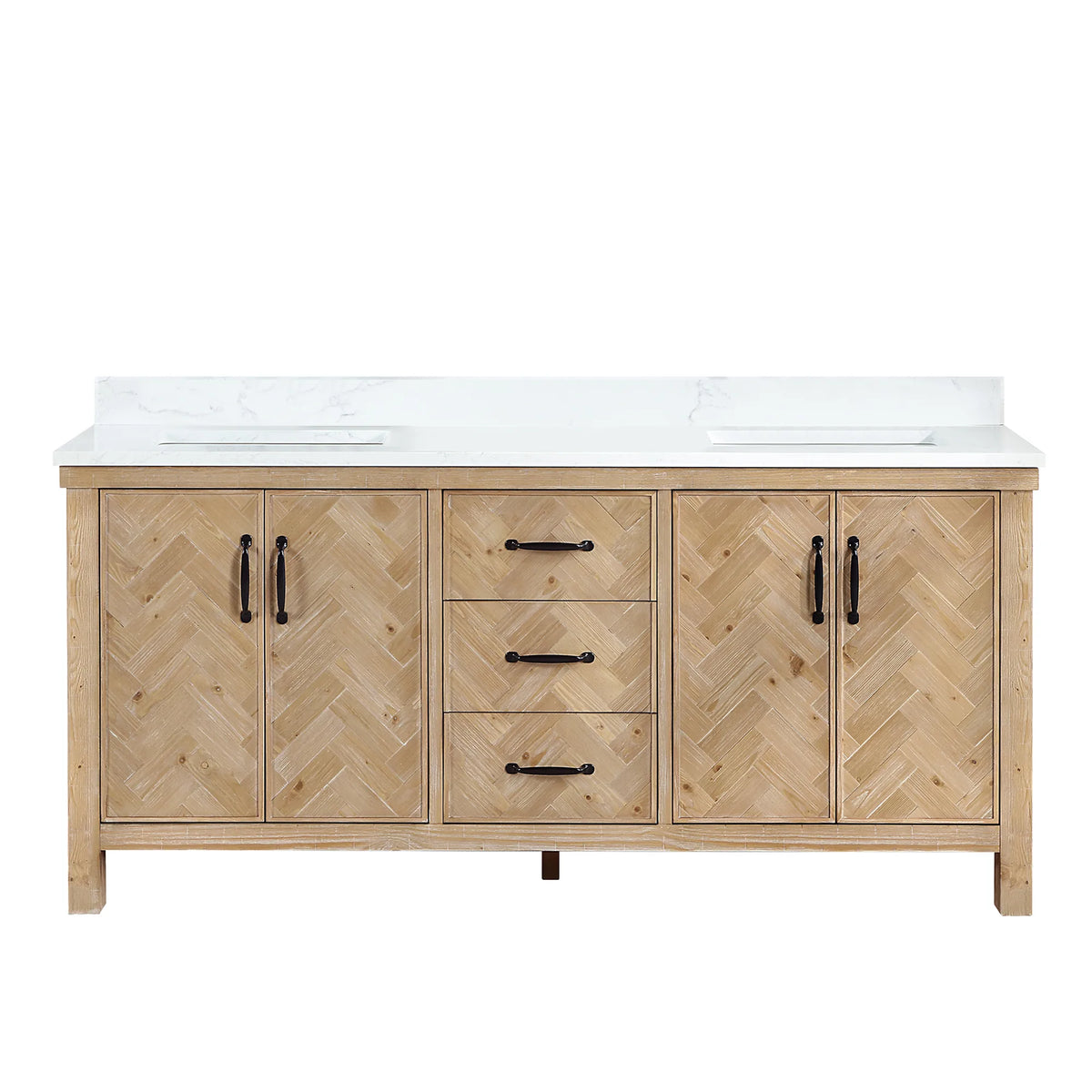 Spruce Antique Brown 72 inch double bathroom vanity, freestanding, front view with backsplash top and matte black pulls