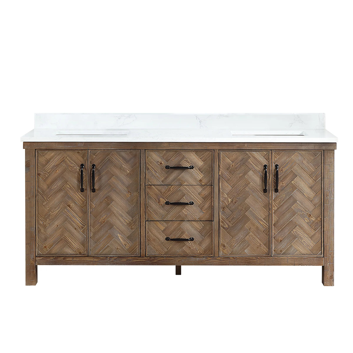 Spruce Antique Gray 72 inch double bathroom vanity, freestanding, front view with backsplash top and matte black pulls