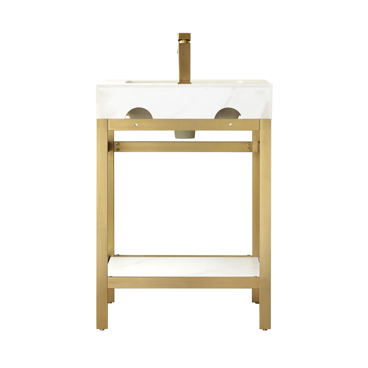 Second studio view of the freestanding 24-inch vanity: White Sintered Stone top, Brushed Gold metal frame, lower shelf