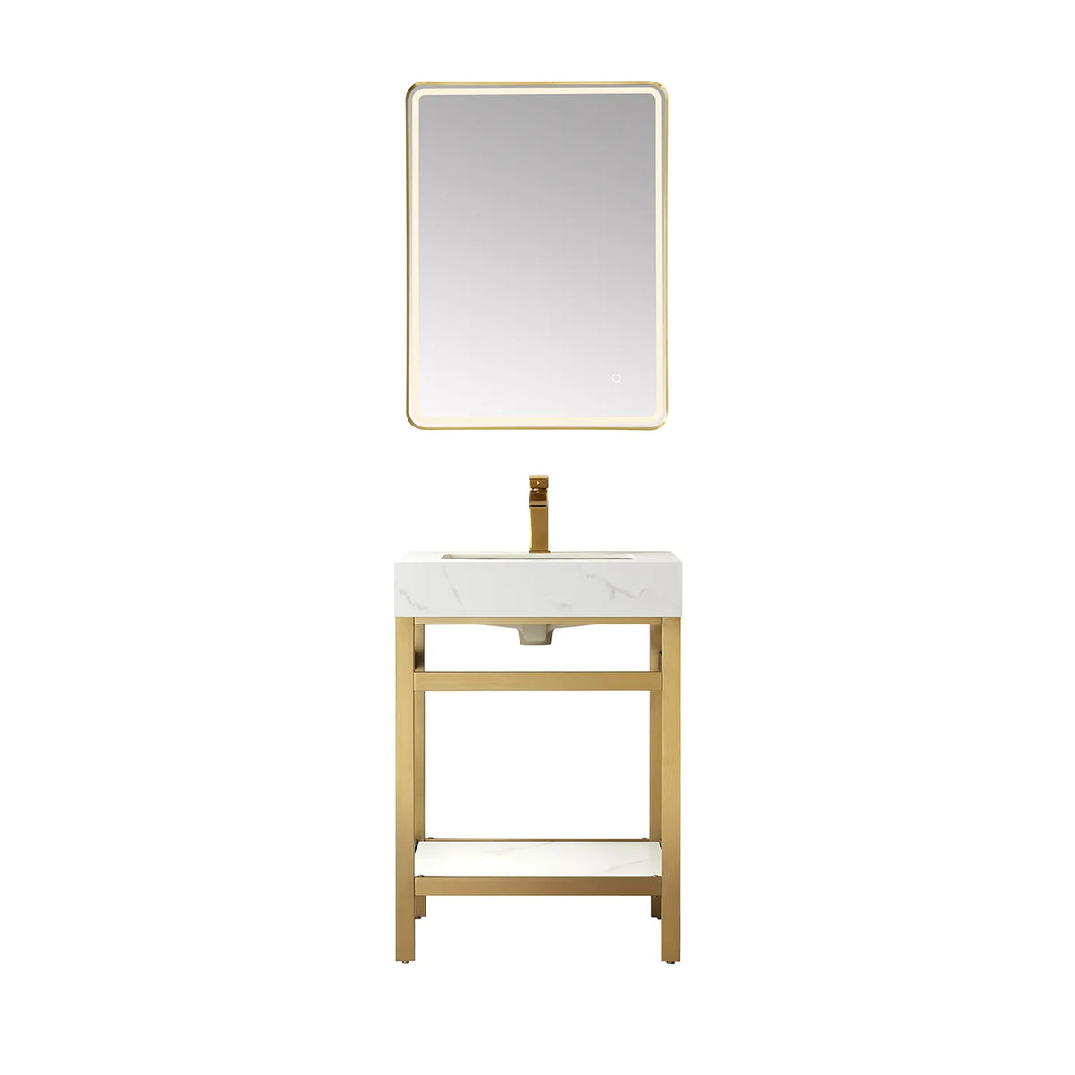 24-inch Brushed Gold vanity paired with a rectangular LED mirror, White Sintered Stone top and open shelf