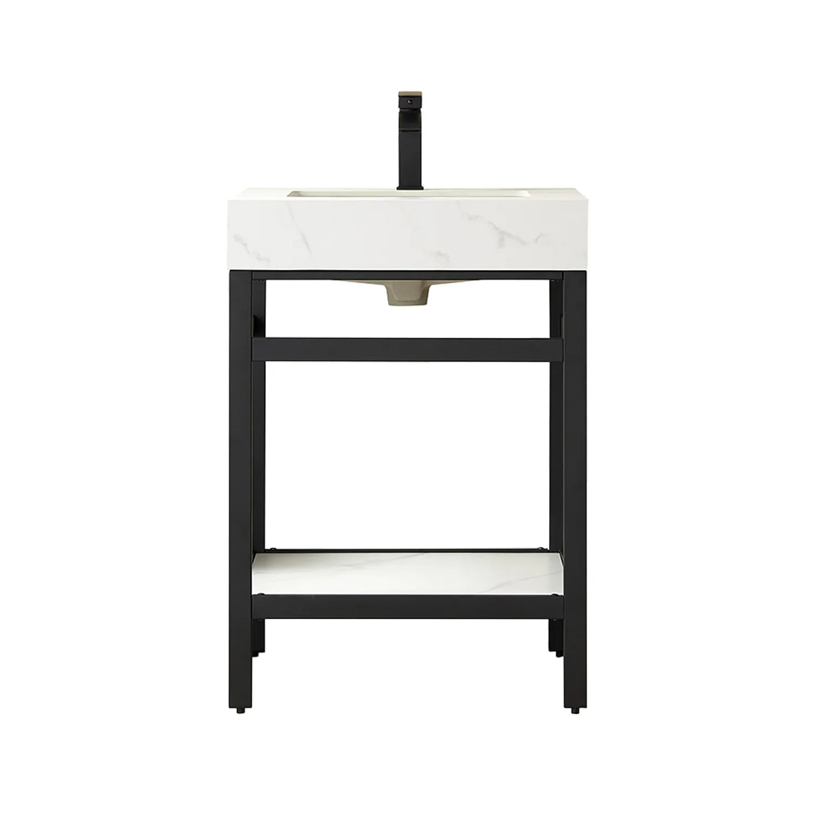 Freestanding 24-inch single sink bathroom vanity, Matte Black metal frame and White Sintered Stone top