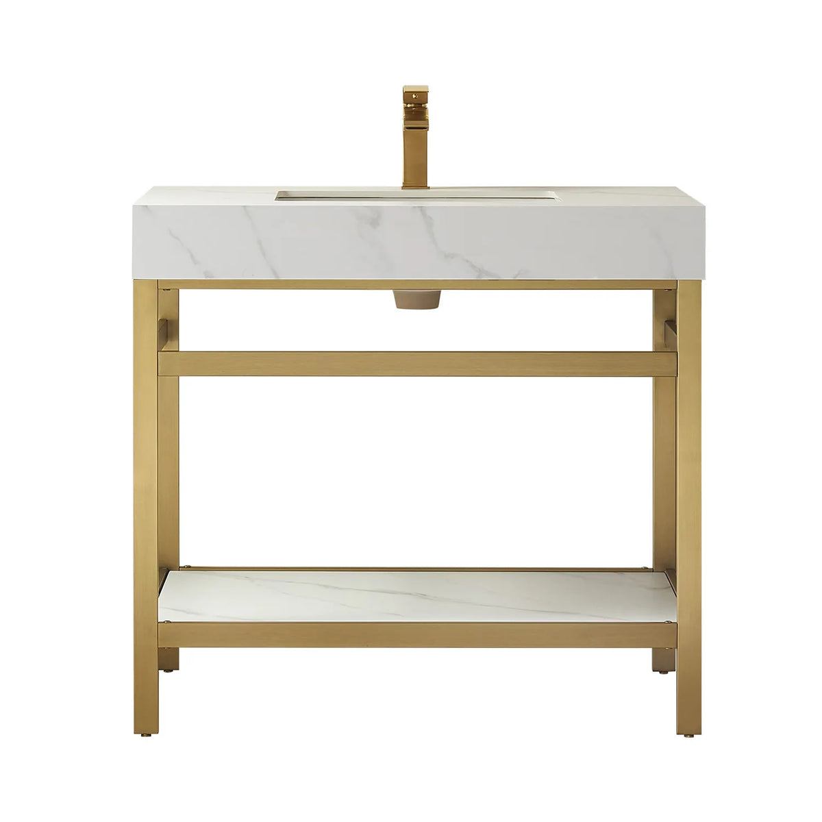 Freestanding 36-inch single sink bathroom vanity, Brushed Gold metal frame and White Sintered Stone top