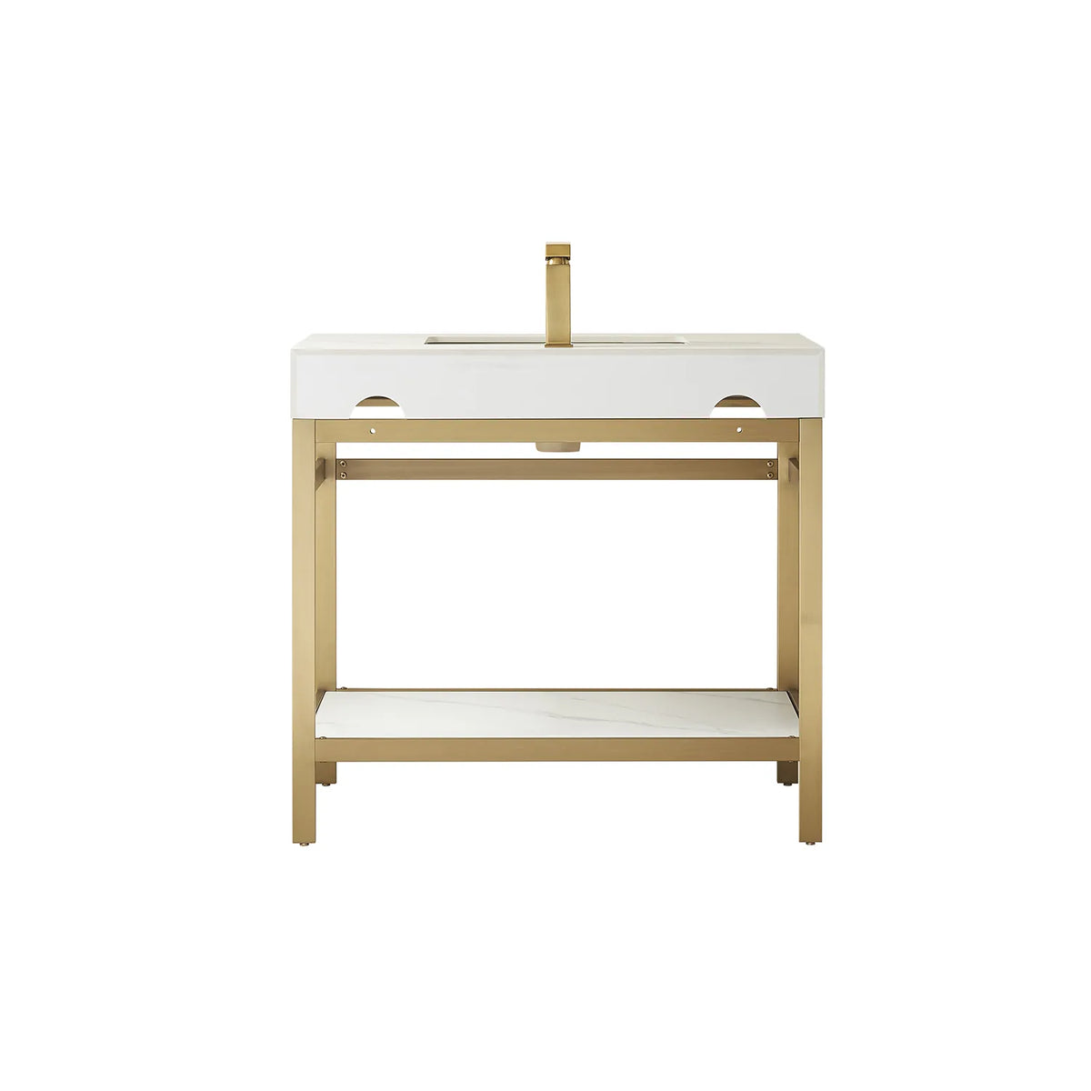 Second studio view of the freestanding 36-inch vanity: White Sintered Stone top, Brushed Gold metal frame, lower shelf