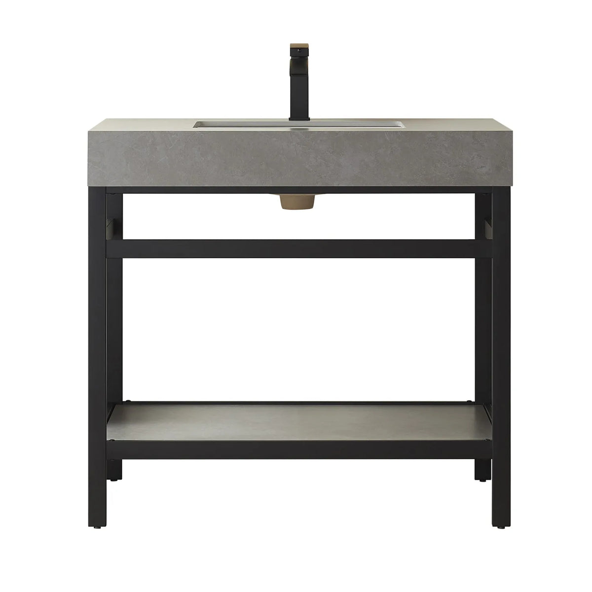 Freestanding 36-inch single sink bathroom vanity, Matte Black metal frame and Grey Sintered Stone top
