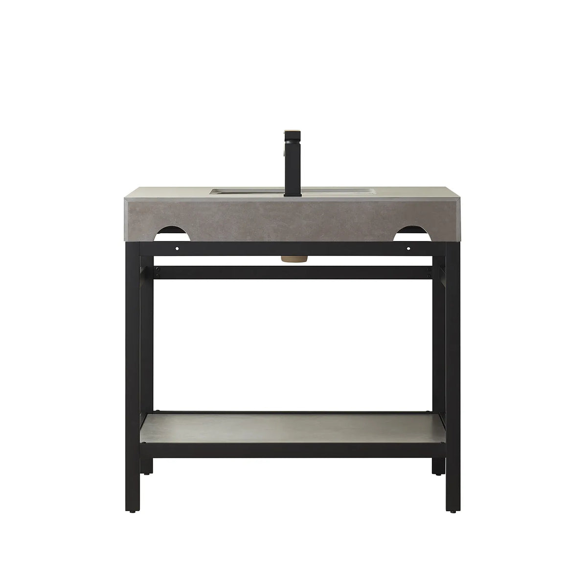 Second studio view of the freestanding 36-inch vanity: Grey Sintered Stone top, Matte Black metal frame, lower shelf