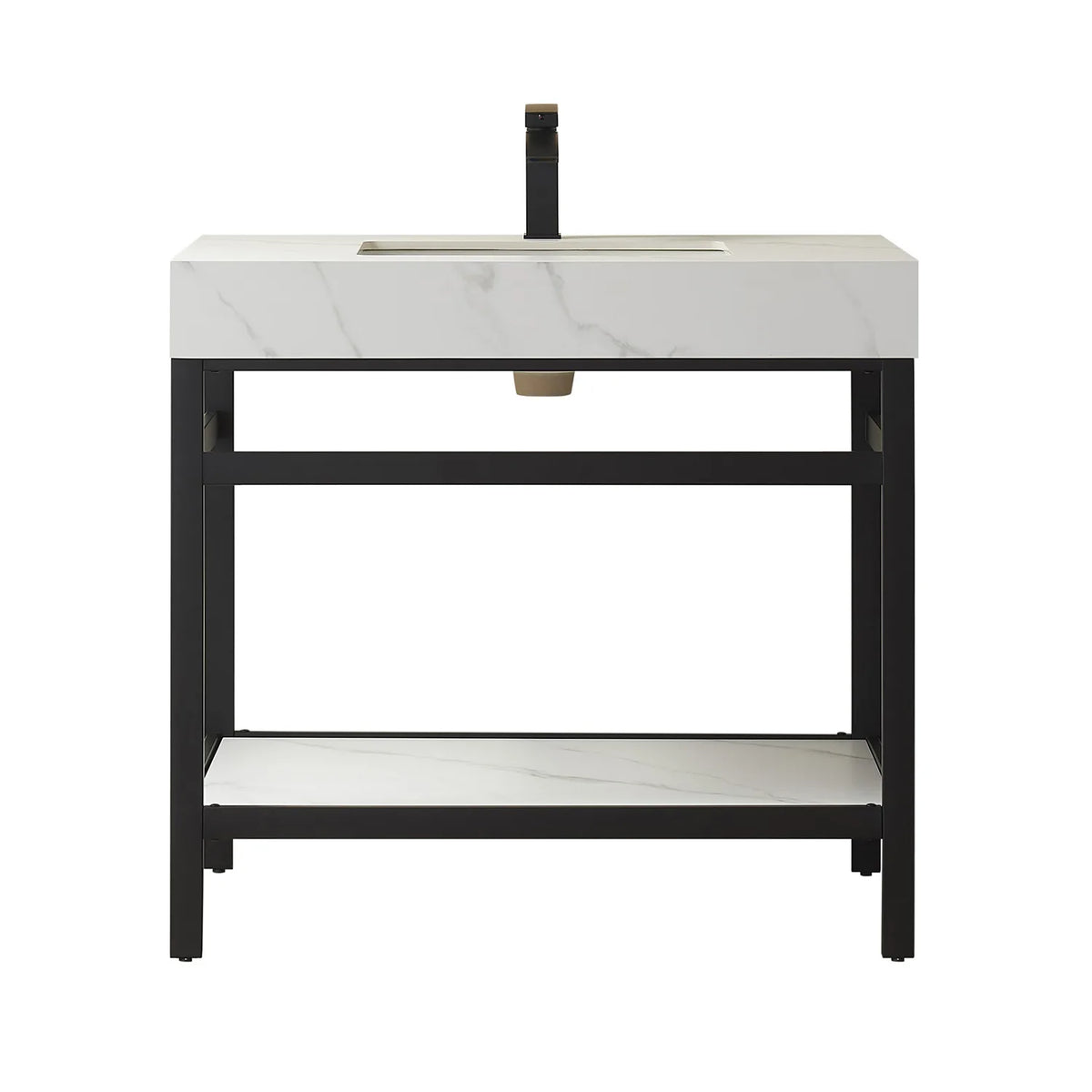 Freestanding 36-inch single sink bathroom vanity, Matte Black metal frame and White Sintered Stone top