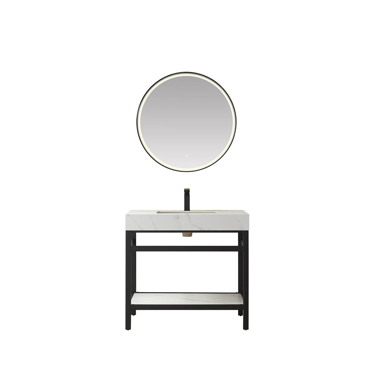 36-inch Matte Black vanity paired with a circular LED mirror, White Sintered Stone top and open shelf
