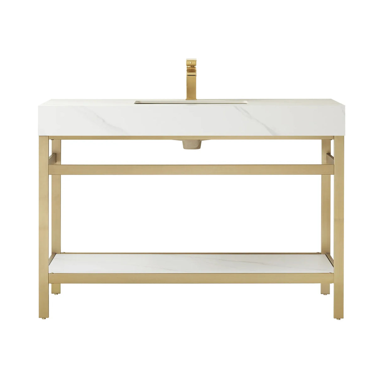 Freestanding 48-inch single sink bathroom vanity, Brushed Gold metal frame and White Sintered Stone top
