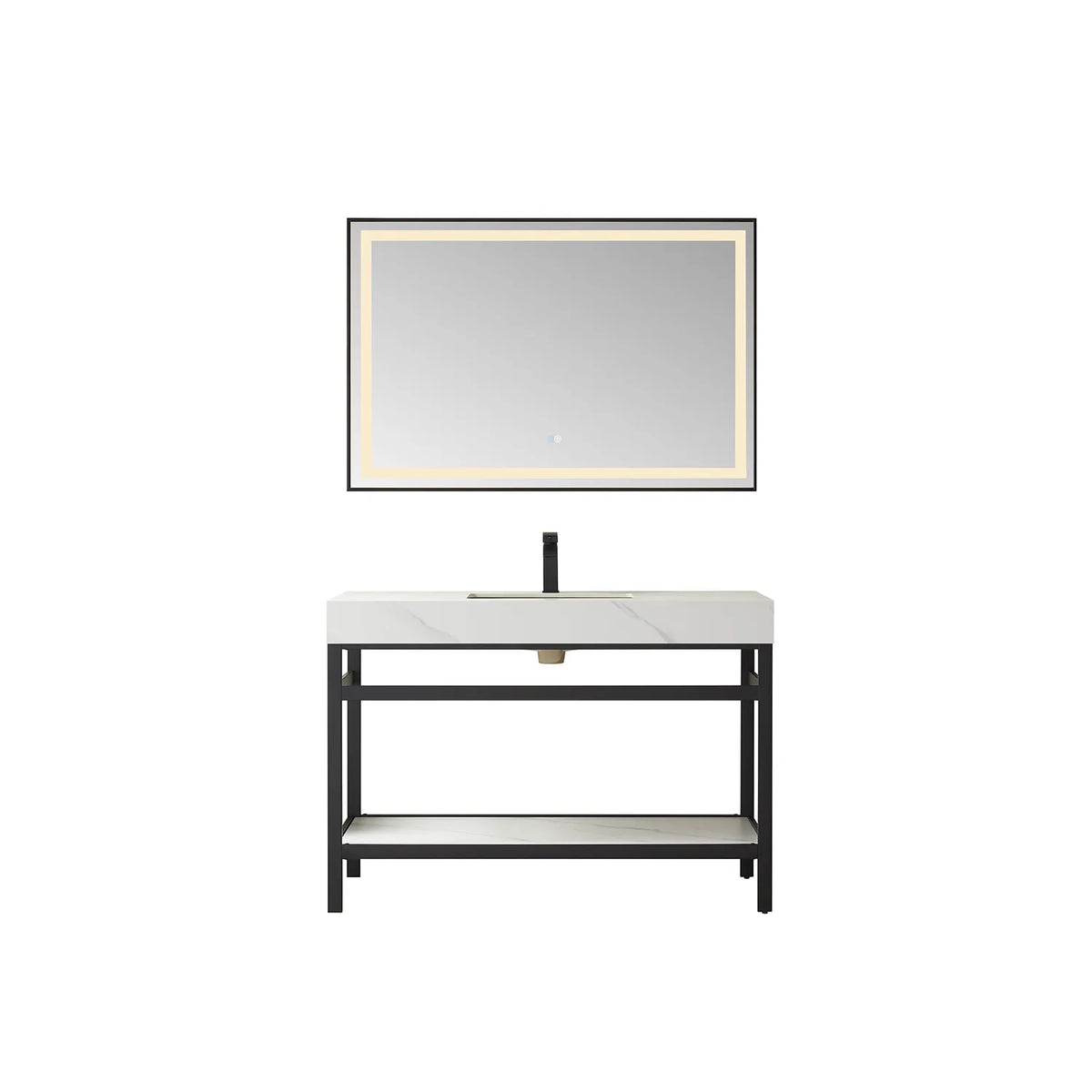 48-inch Matte Black vanity paired with a rectangular LED mirror, White Sintered Stone top and open shelf
