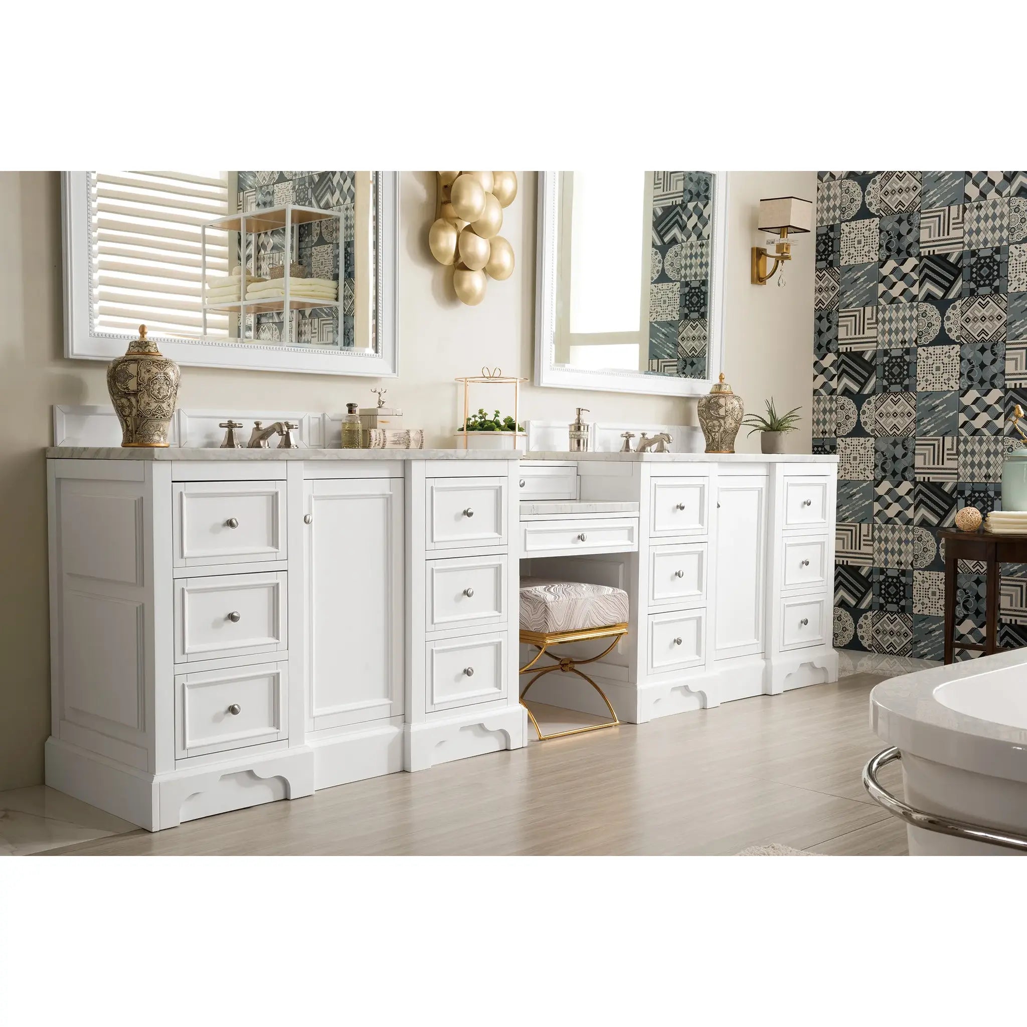 De Soto 118" Double Vanity Set in Bright White-Carrara White Marble image 2