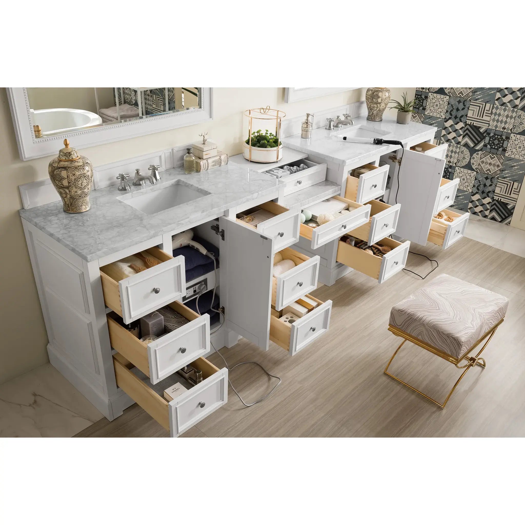 De Soto 118" Double Vanity Set in Bright White-Carrara White Marble image 3