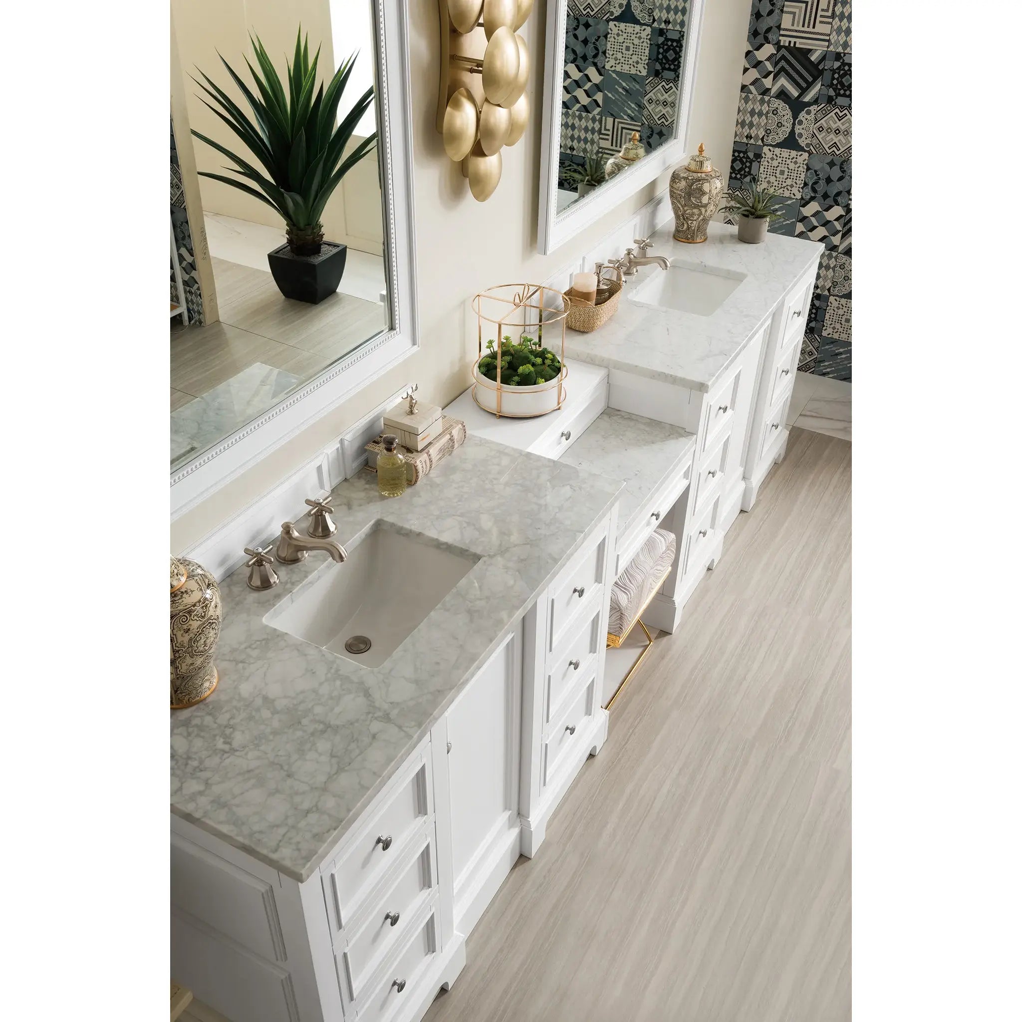 De Soto 118" Double Vanity Set in Bright White-Carrara White Marble image 4