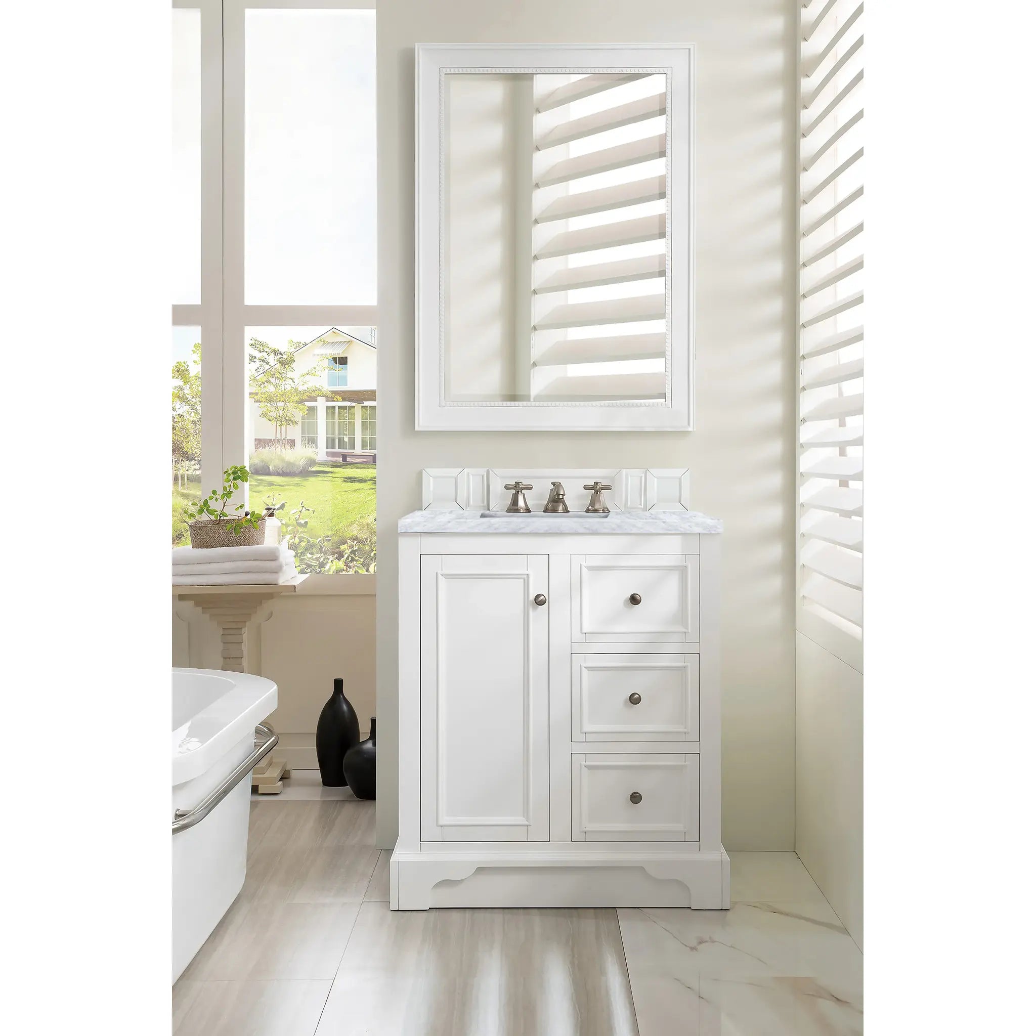 De Soto 30" Single Vanity in Bright White-Carrara White Marble-8" Widespread image 1