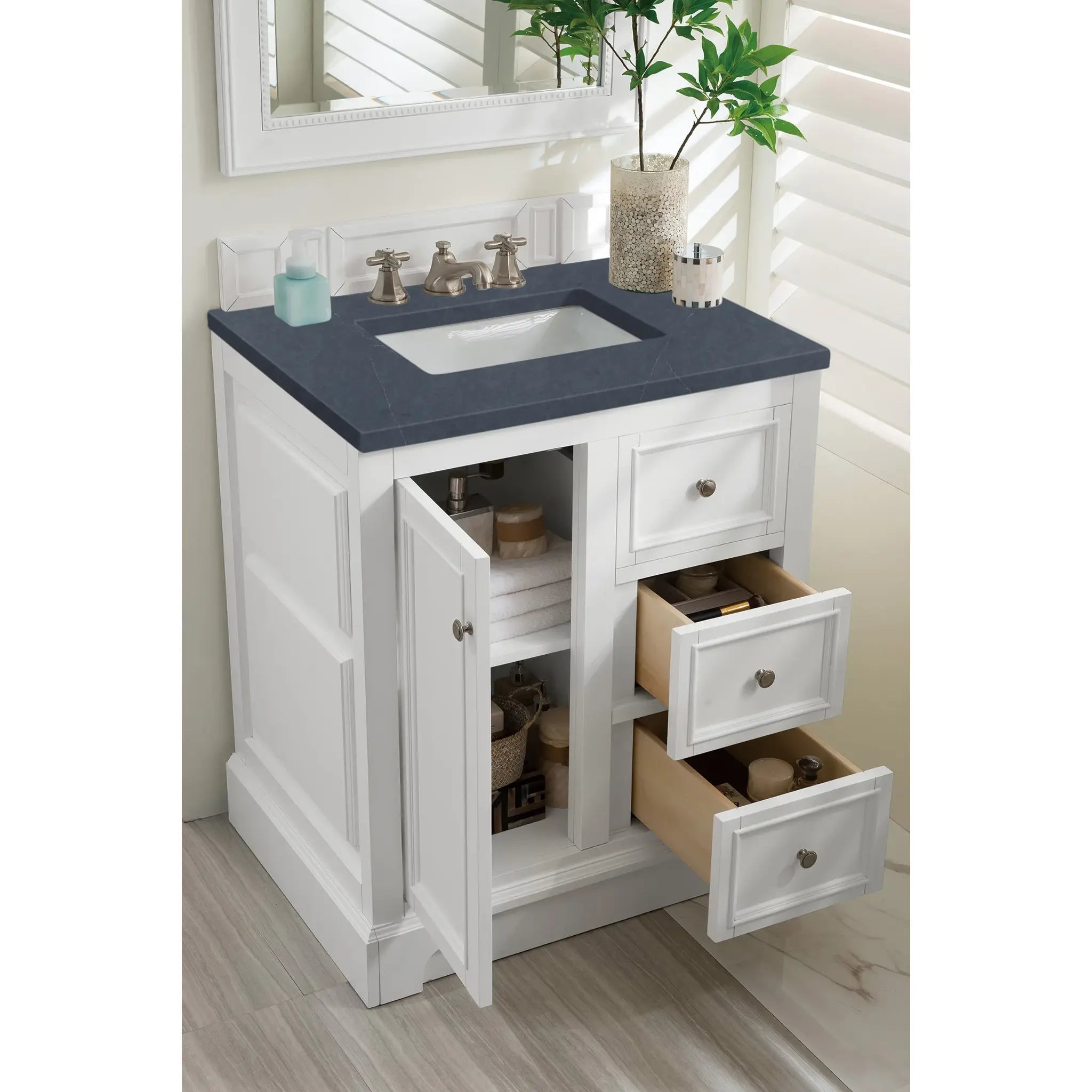 De Soto 30" Single Vanity in Bright White-Charcoal Soapstone Silestone-8" Widespread image 3