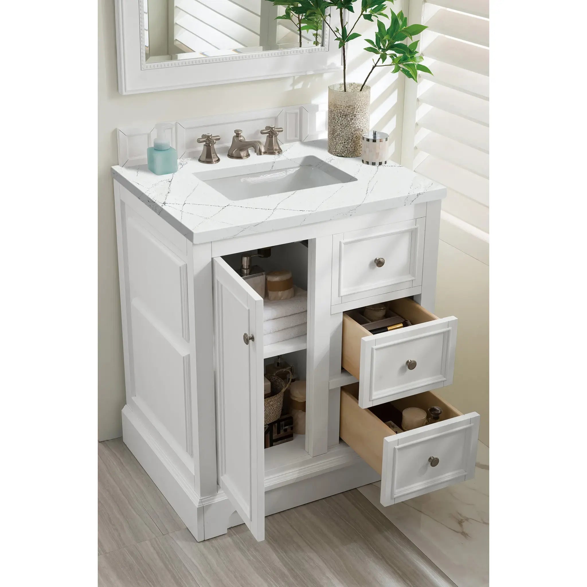 De Soto 30" Single Vanity in Bright White-Ethereal Noctis Silestone-8" Widespread image 3