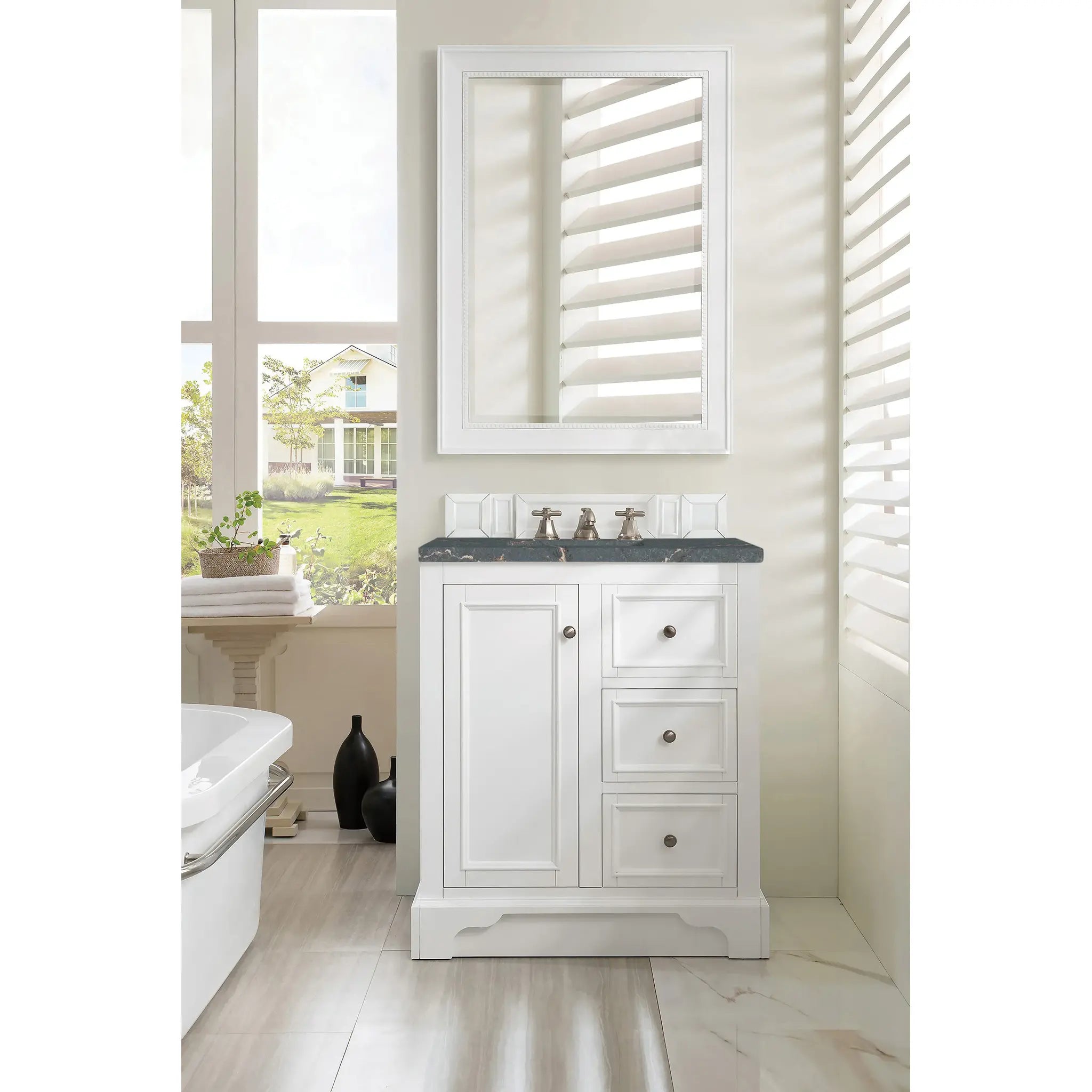 De Soto 30" Single Vanity in Bright White-Parisien Bleu Silestone-8" Widespread image 1